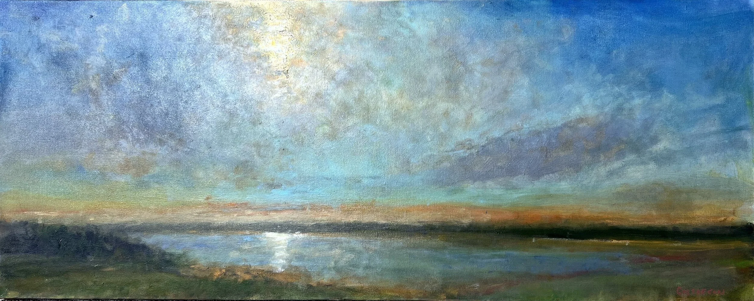 GG608- Water's Reflections, 40x16, oil on canvas