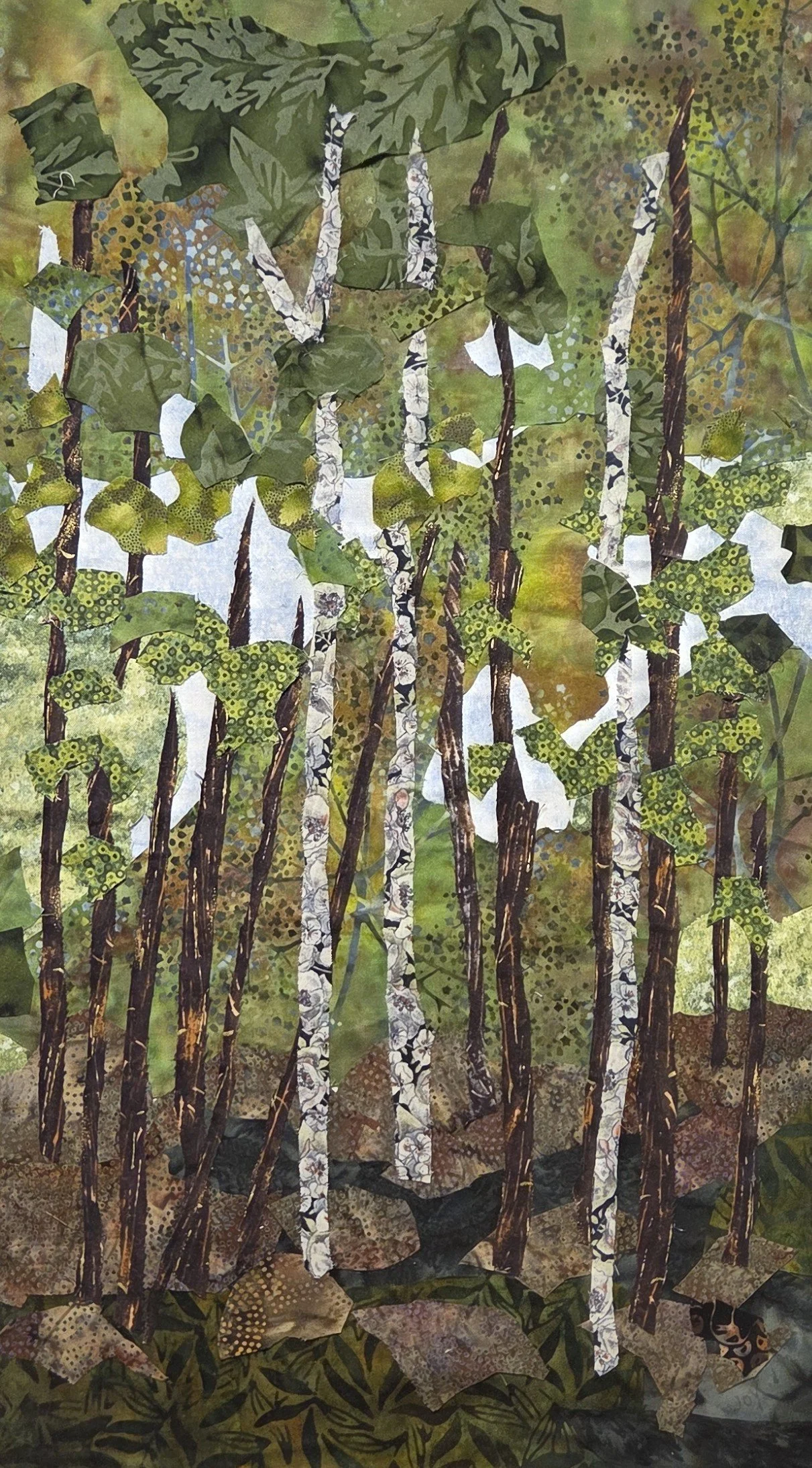 JC357- Canopy of Green, 12.5x21, fabric collage