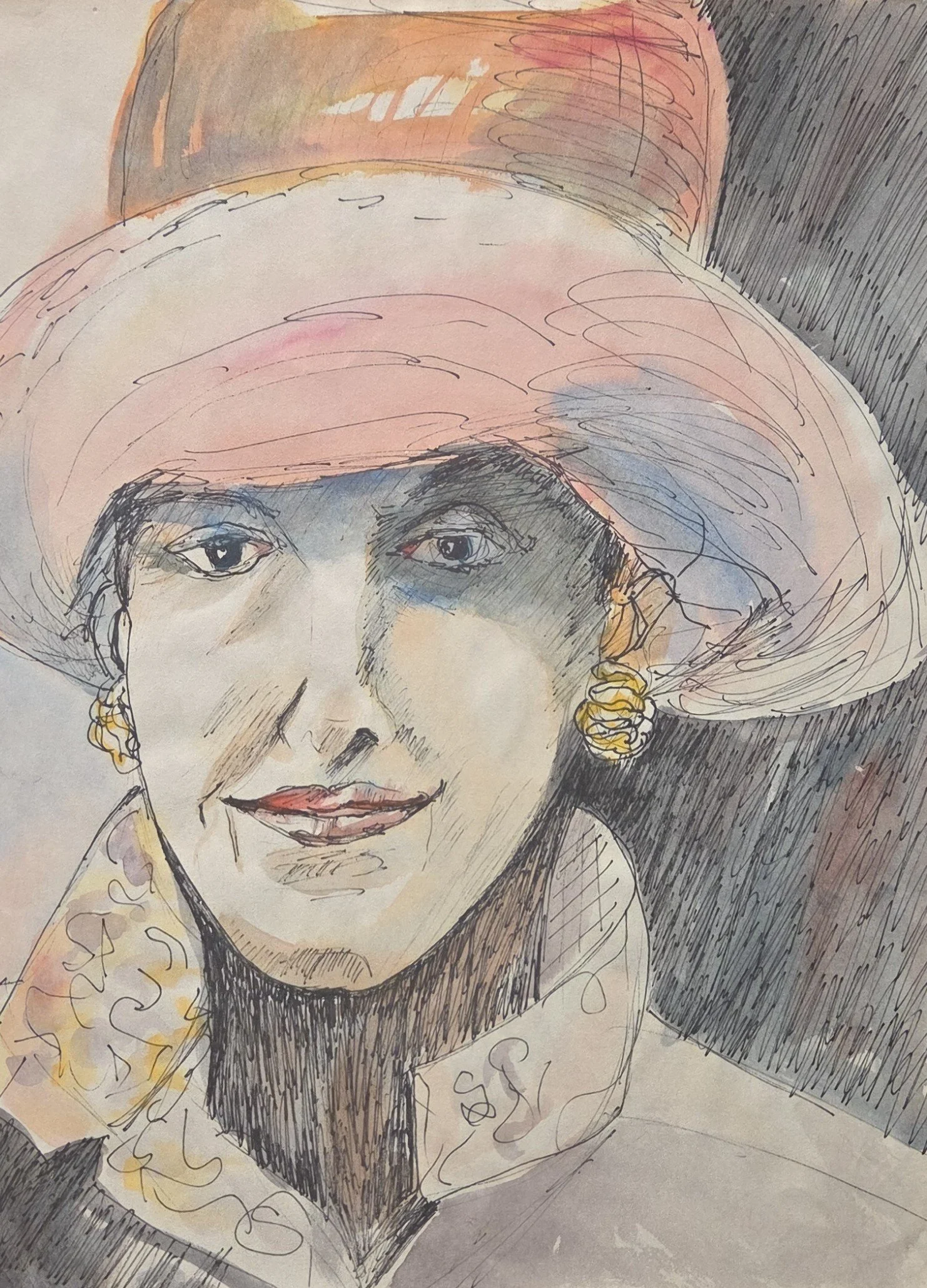 EG032- Pink Hat, 11x14, mixed media