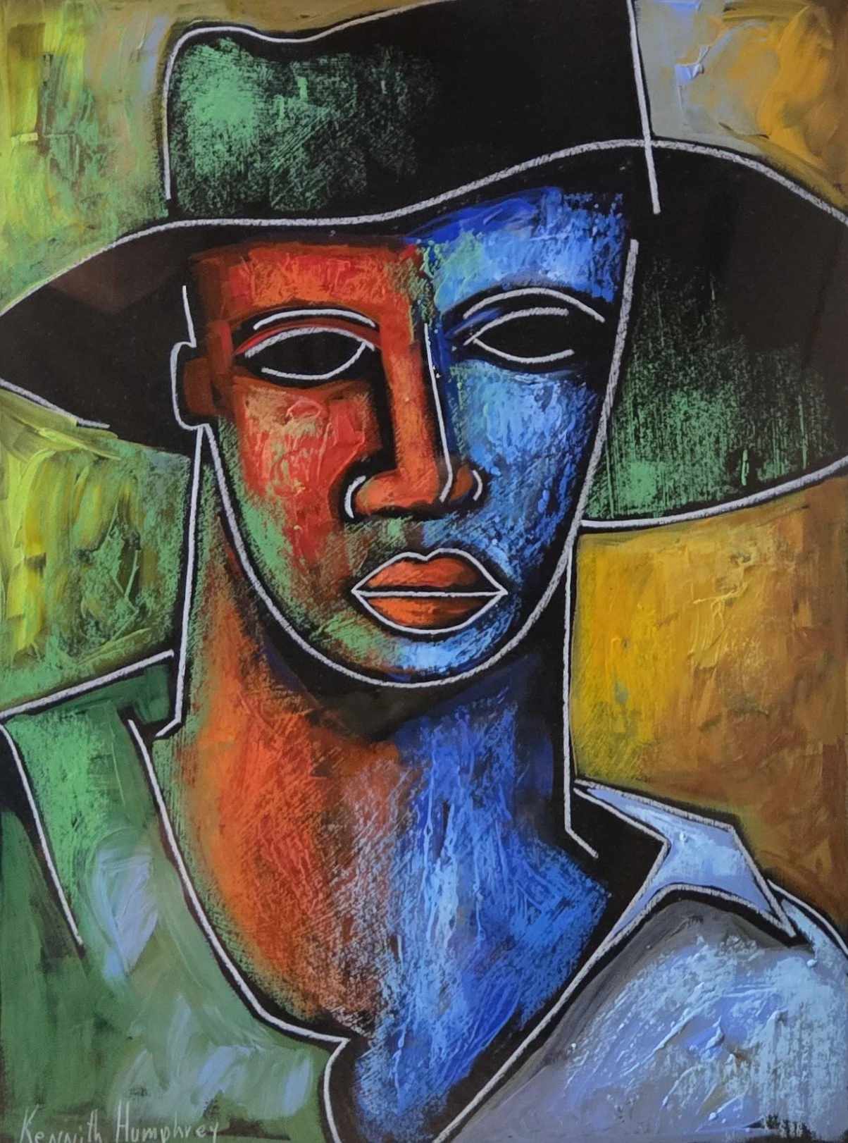 Kennith Humphrey, Portrait of Man with Hat, 12x16, mixed media on paper
