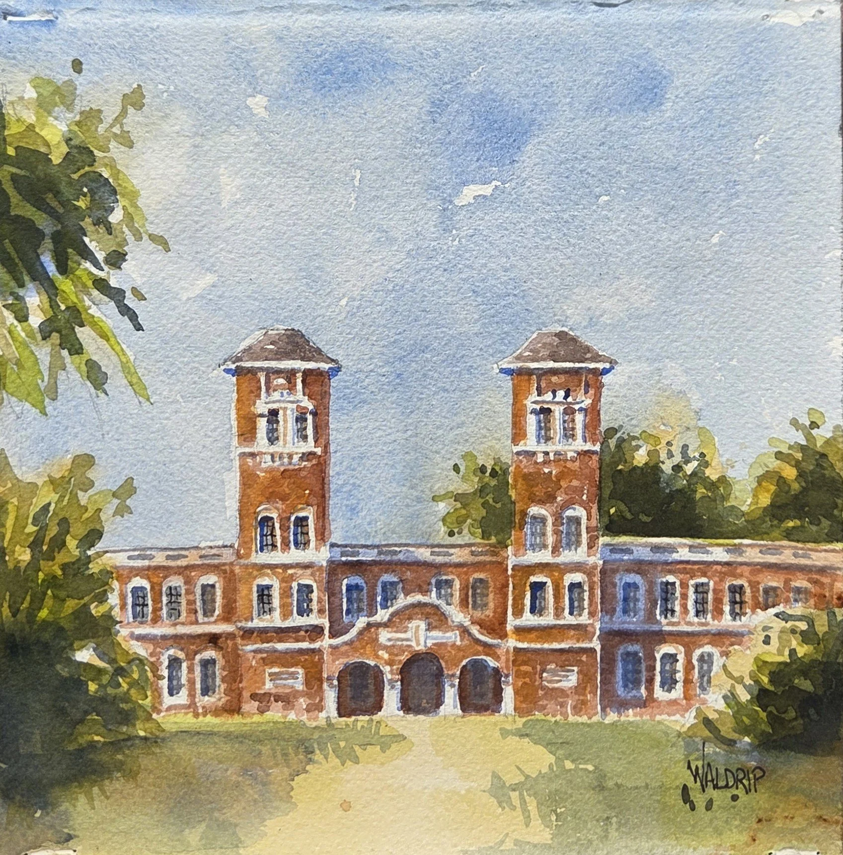 DW482- Textile Building- MSU, 7.5x7.5, watercolor