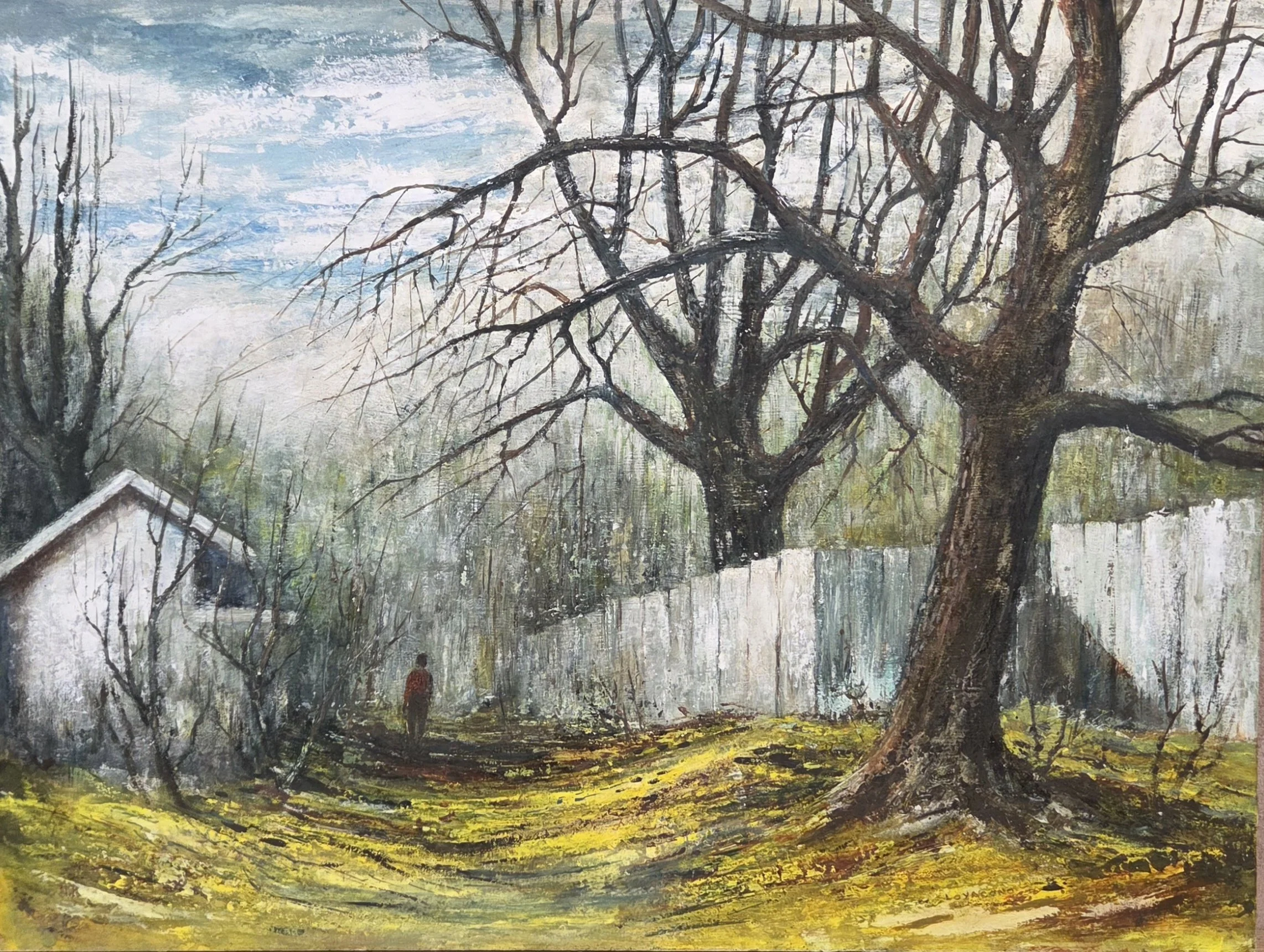 Mary Katharine Loyacono, Untitled- Figure, White House, Bare Trees, 20x15, oil on paper
