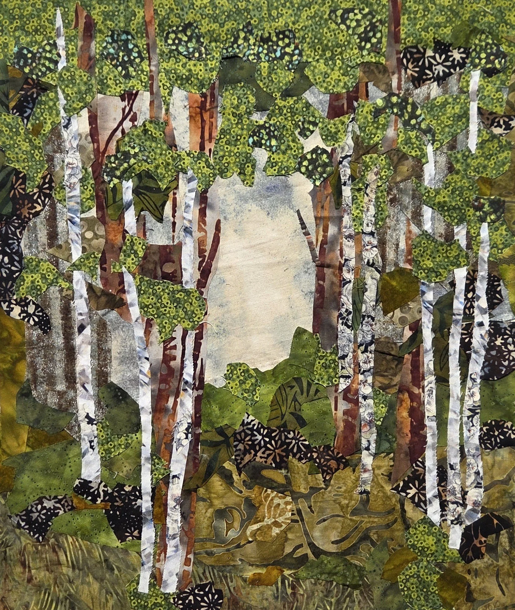 JC356- Evergreen Clearing, 13.5x15.5, fabric collage