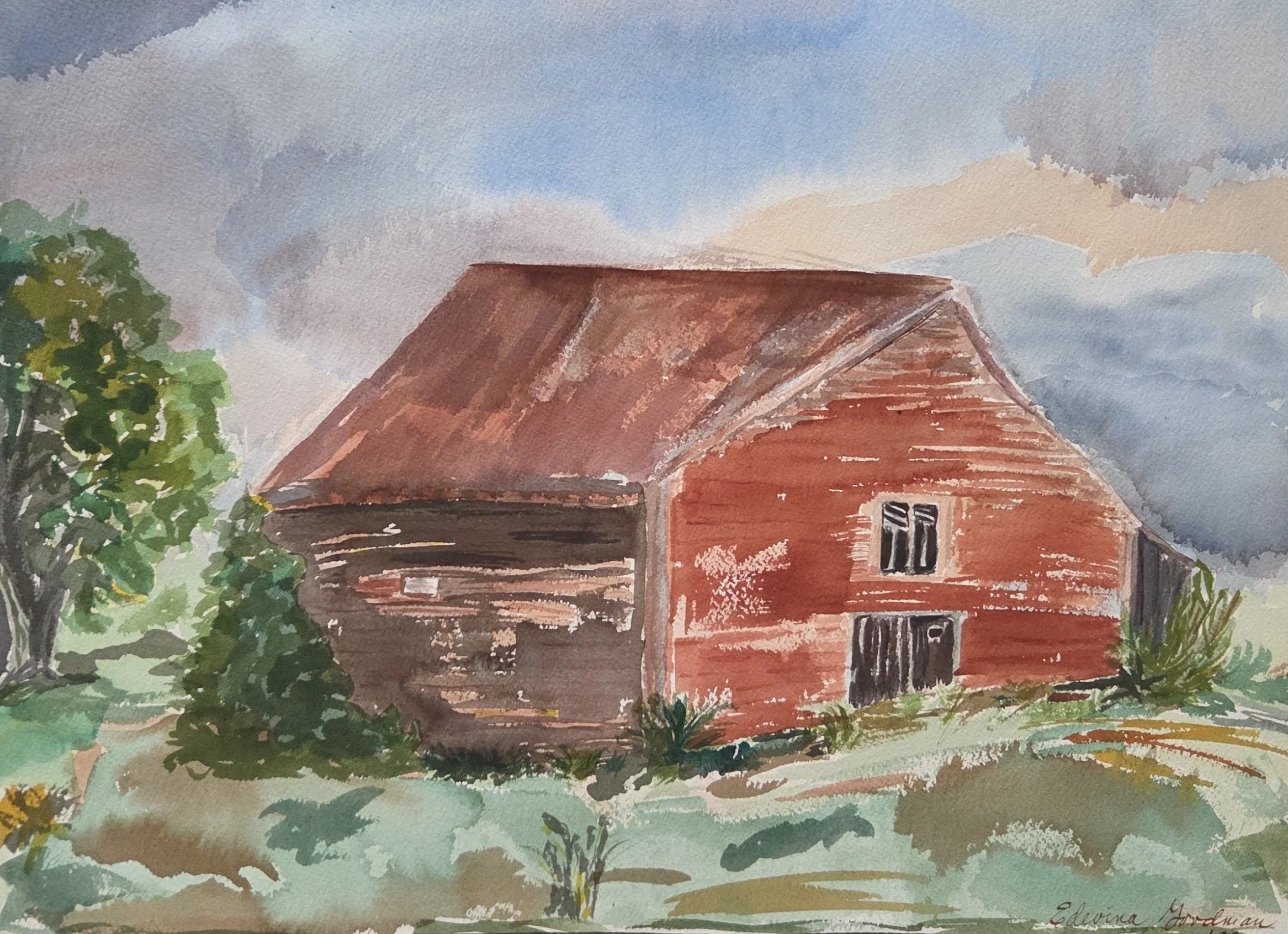 EG133- "The Old Red Barn", 1988, 20x14, watercolor
