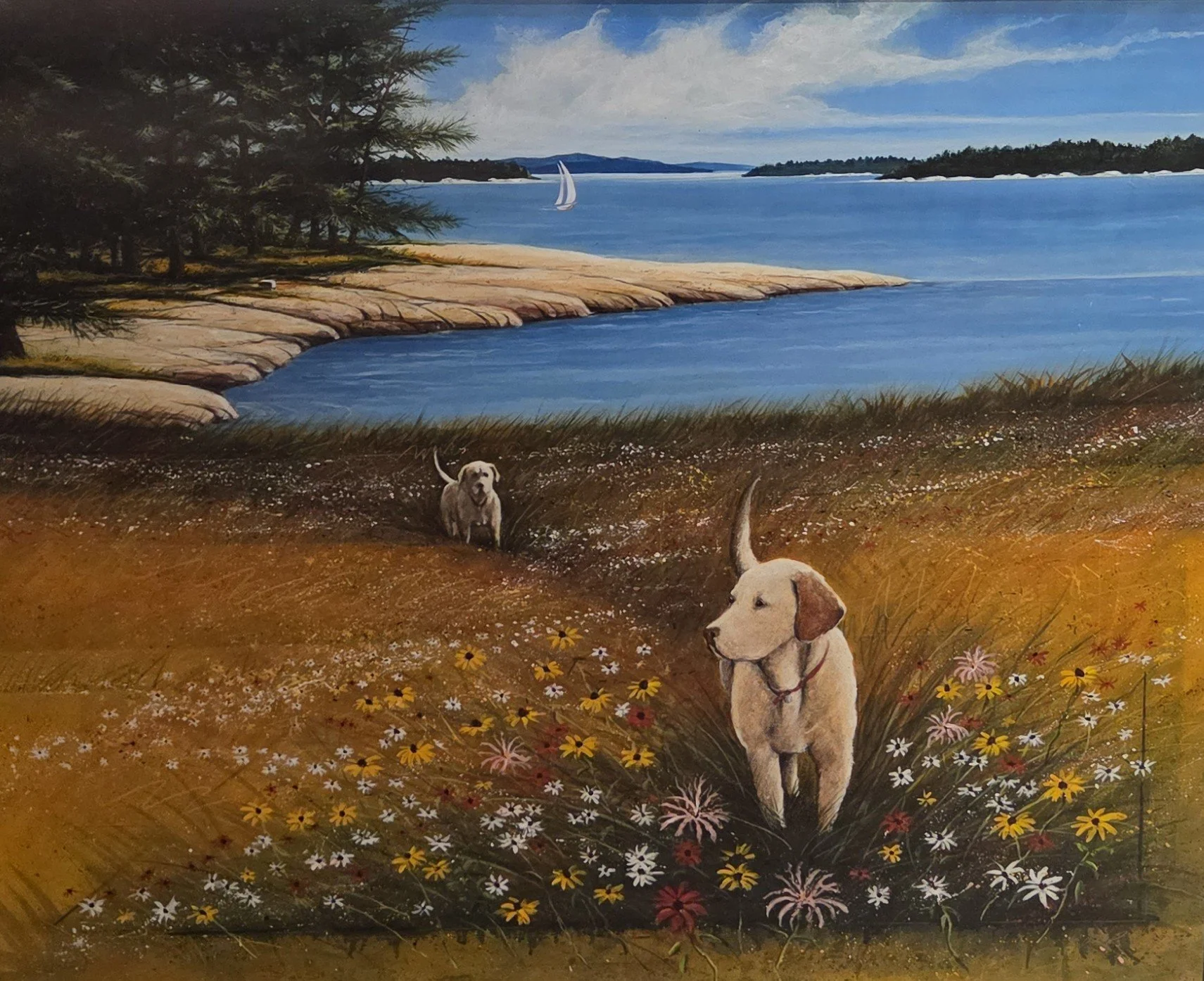 William Dunlap, Wildflowers with Dogs, 51x41.5, mixed media on paper