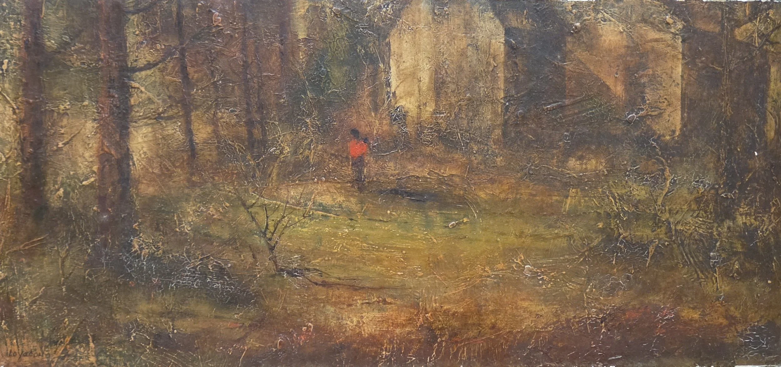 Mary Katharine Loyacono, Untitled- Red Figure in Woods, 20x10, oil on paper