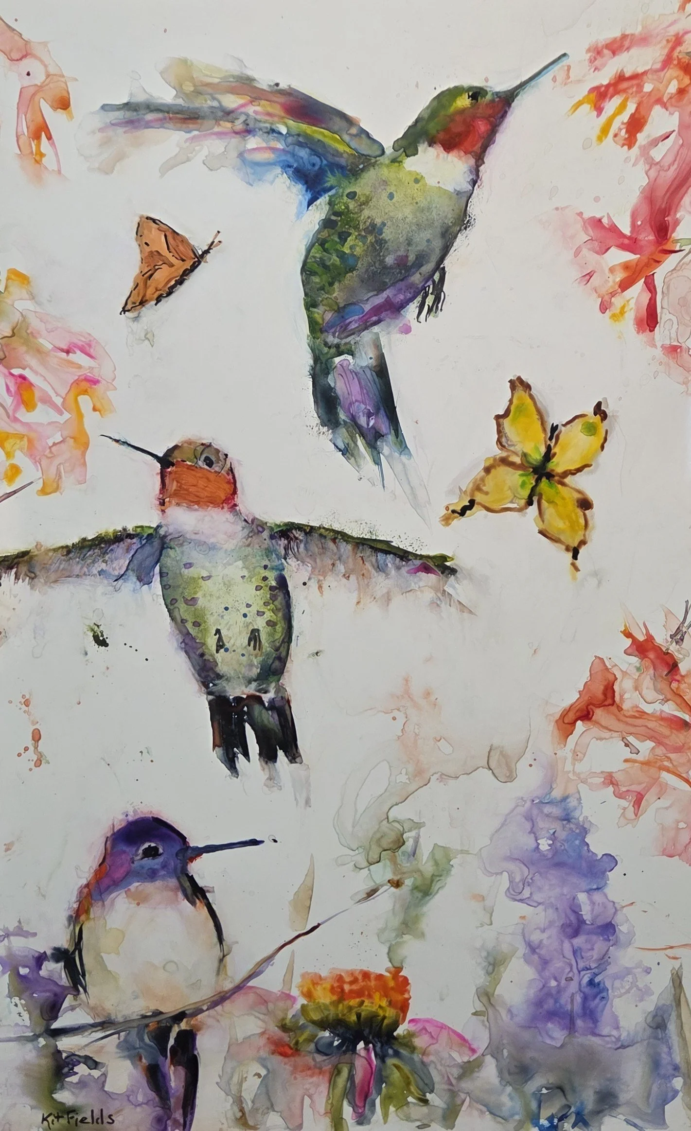 *SOLD* KF844- Three Fly from the Tree, 13x20, watercolor on yupo