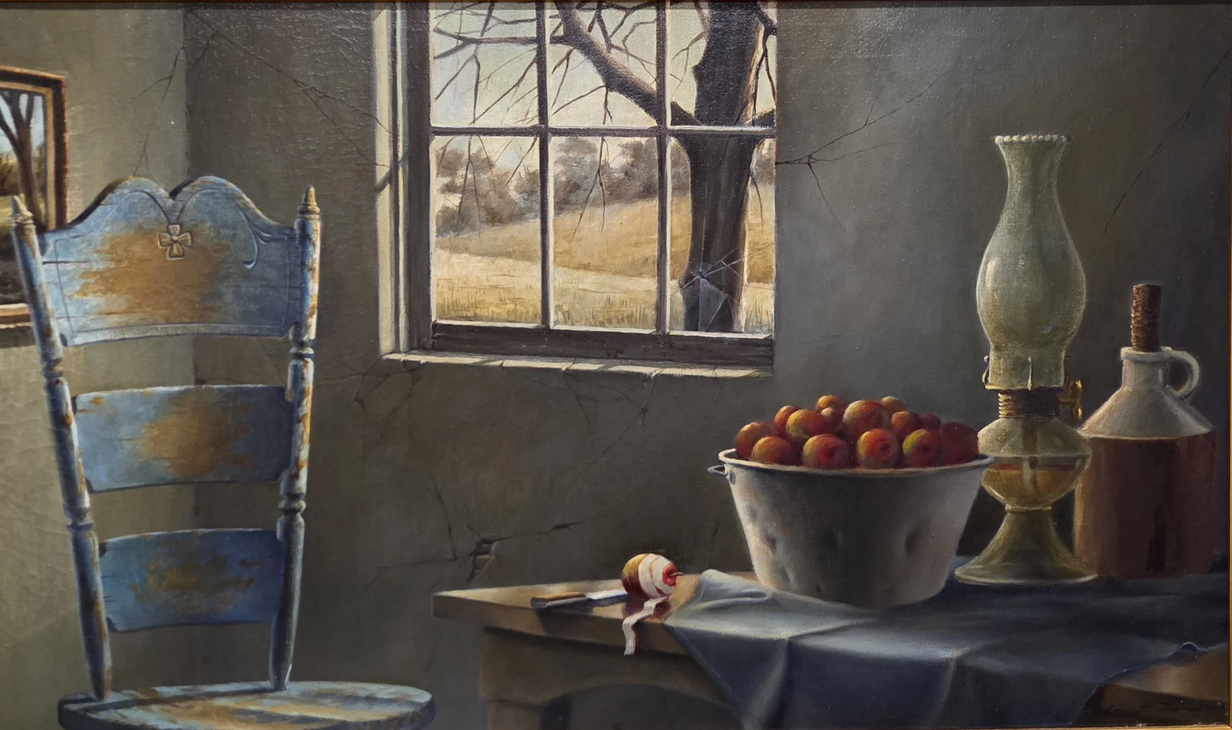 Emmitt Thames, Untitled- Apples in Window, 30x18, oil on canvas