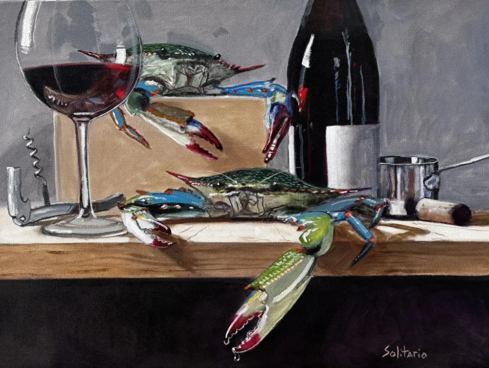 BS262- Two Blues and a Red, 24x18, oil on canvas