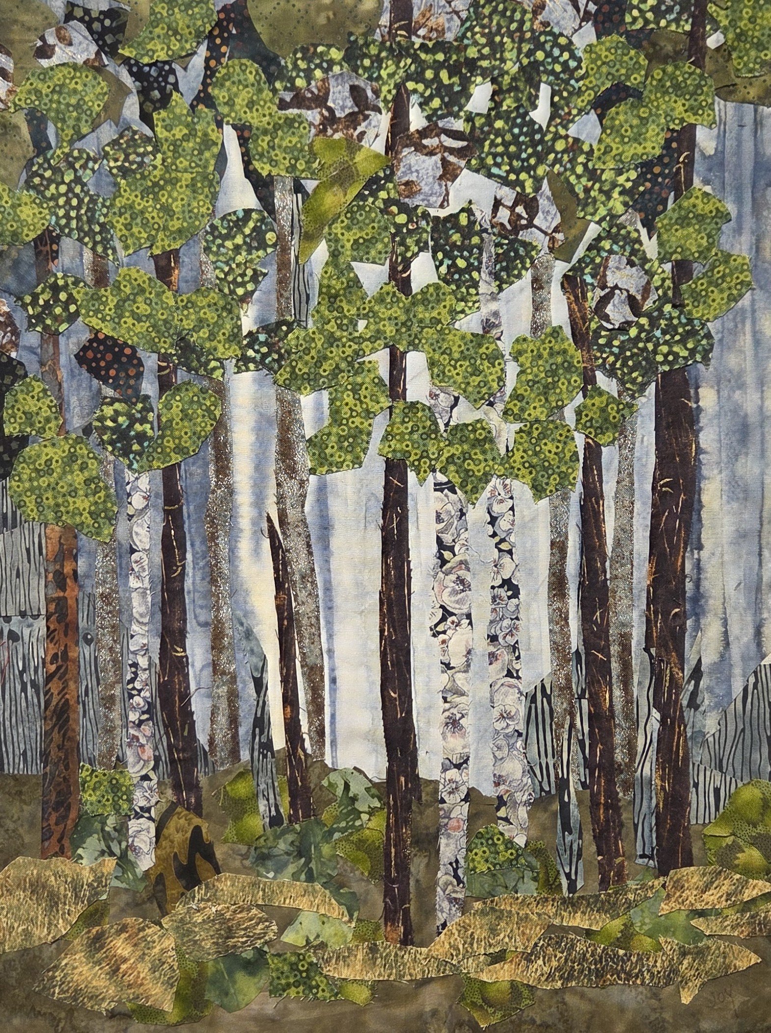 JC355- Along the Treeline, 12.5x16, fabric collage