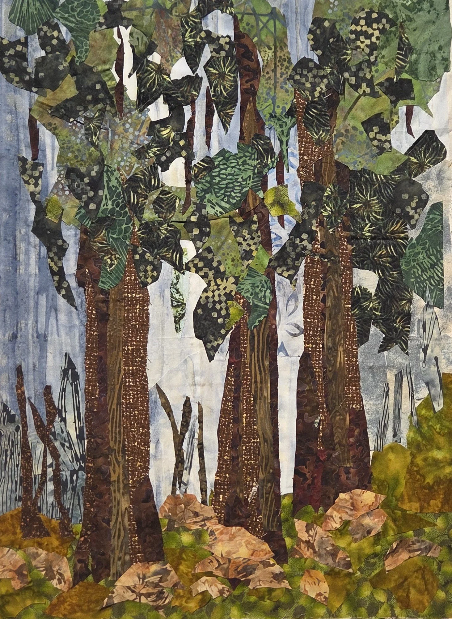JC358- Trio in the Woods, 15x21, fabric collage