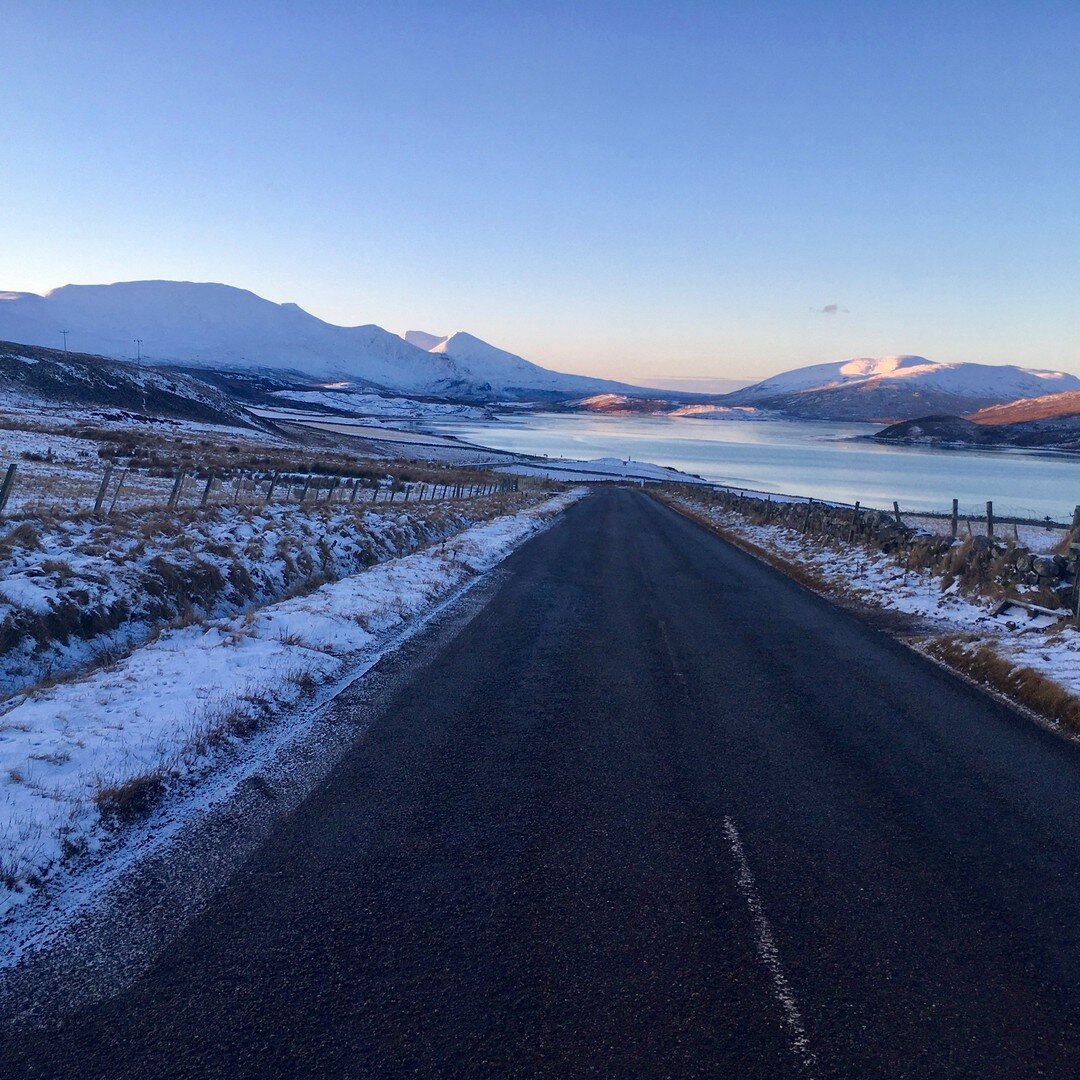 With the recent snow behind us (for now, and the wind picking up instead !) time to post a couple of photos taken by George on his way to work: the stunning Kyle of Durness looking s.w. towards the River Dionard valley, and one with a stiff breeze ma