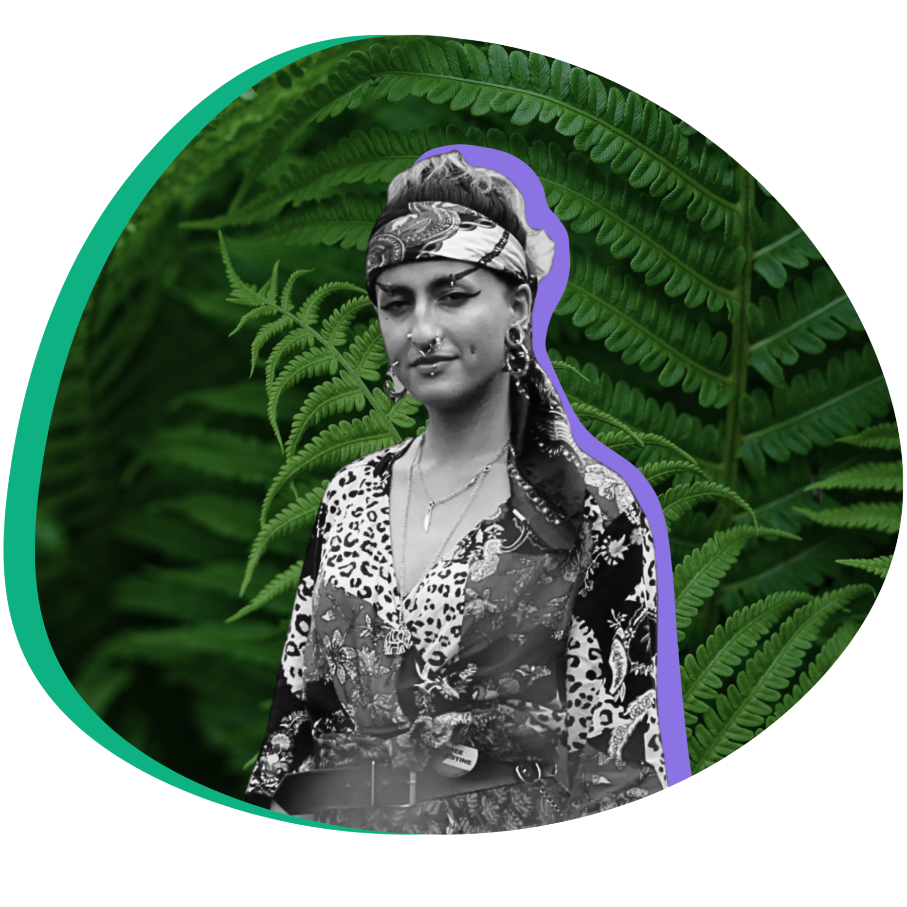 Black and white headshot of Jazmeen Isa Qureshi in front of photo of ferns.