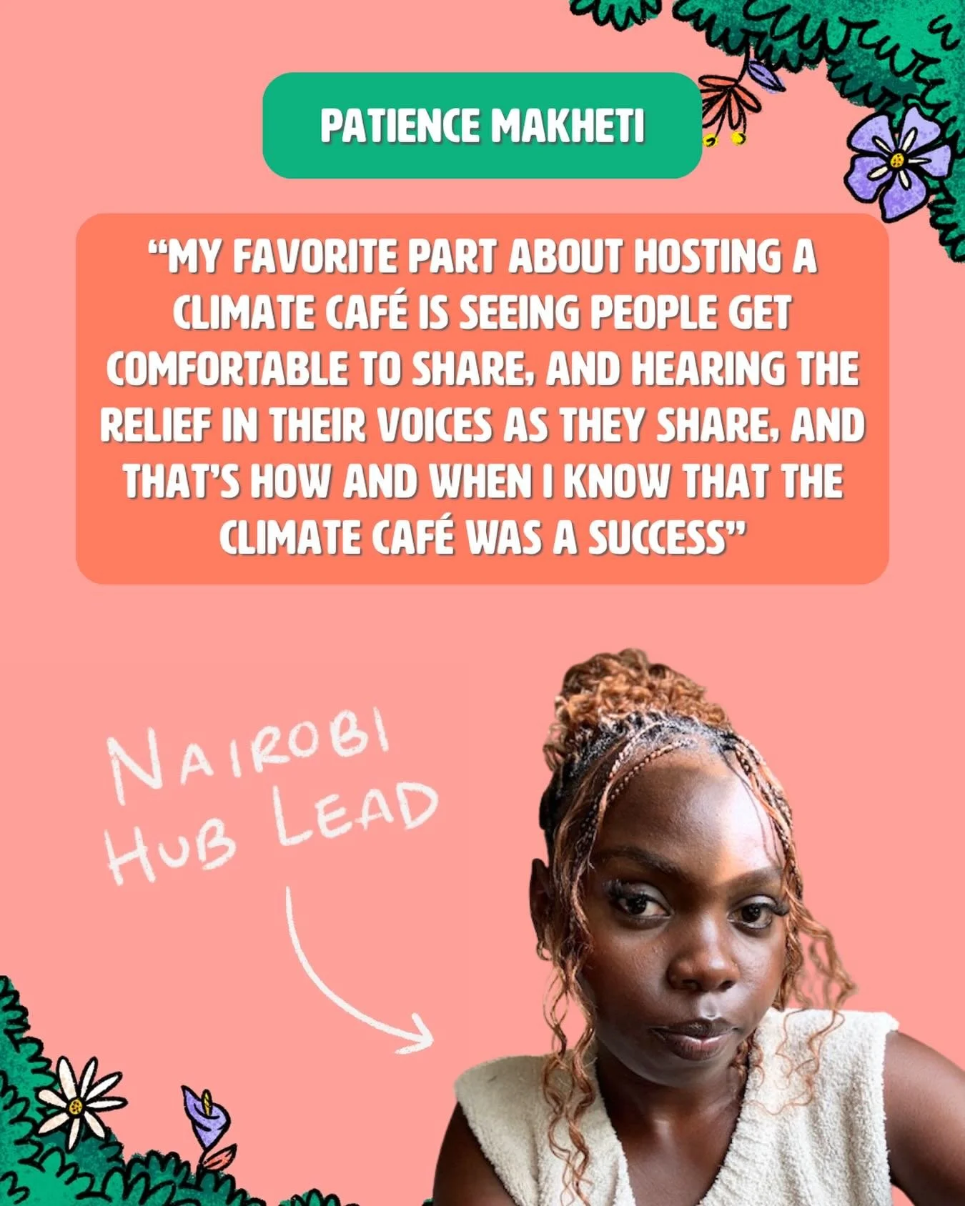 Hear from our climate caf&eacute; hosts! 🌱

🪴 Patience Makheti is our Nairobi Hub Lead

 Having gone through the Force of Nature facilitator programme that inspired her to step up and host, Patience now leads climate caf&eacute; spaces focused on o