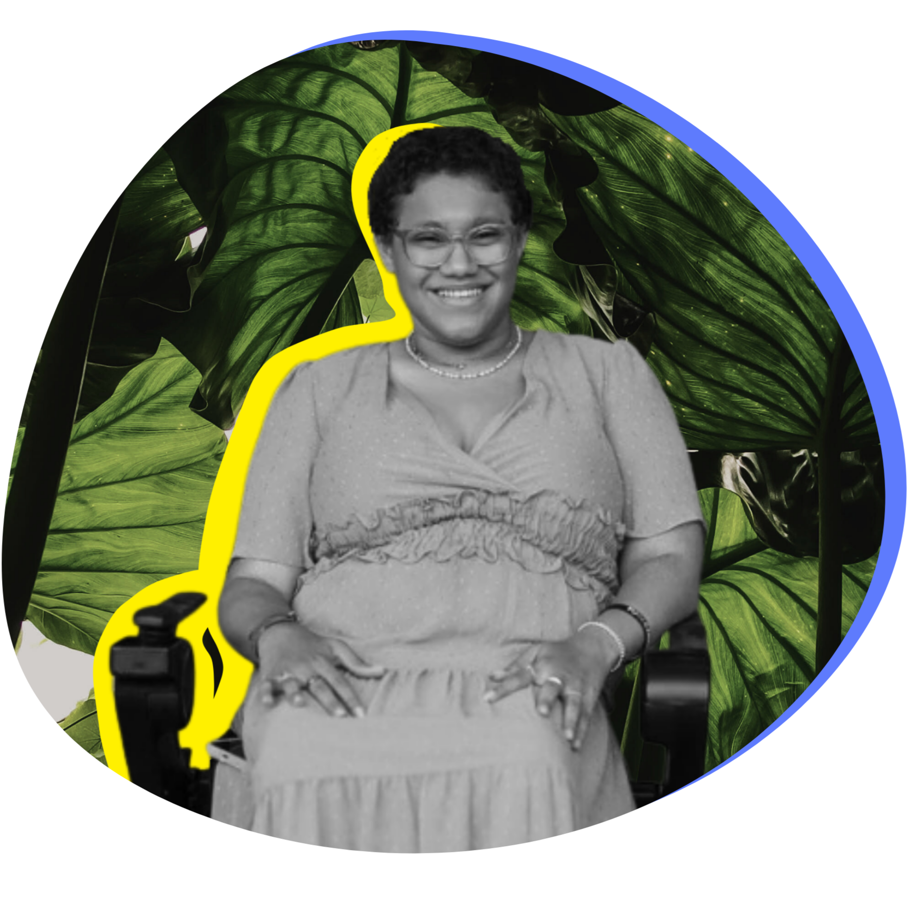 Black and white headshot of Daphne Frias in front of photo of large leaves.