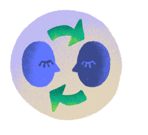 Two illustrated blue faces look at each other. Two green arrows in a circle surround them.