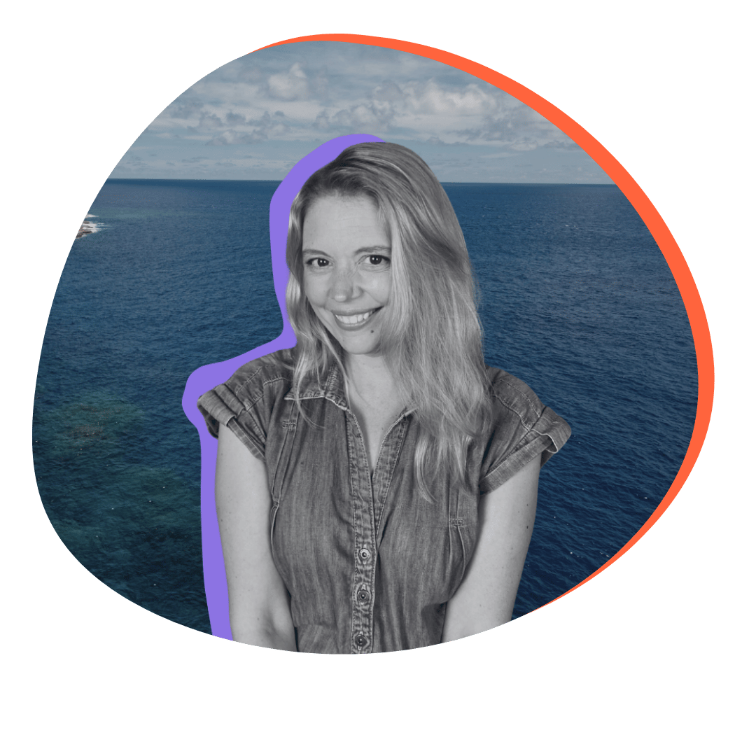 Black and white headshot of blonde white woman.