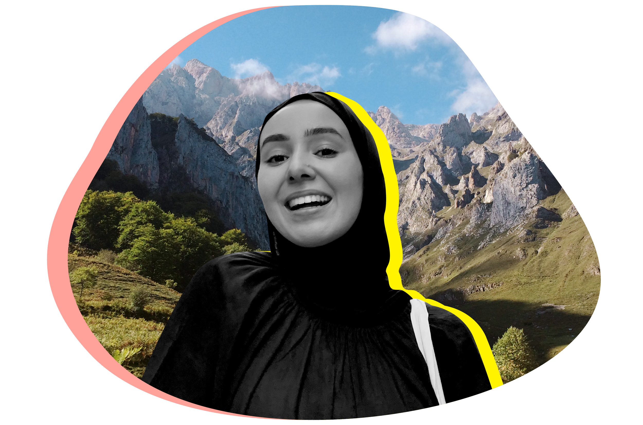 Black and white photo of Nadia Moussaoui in front of mountain photo.