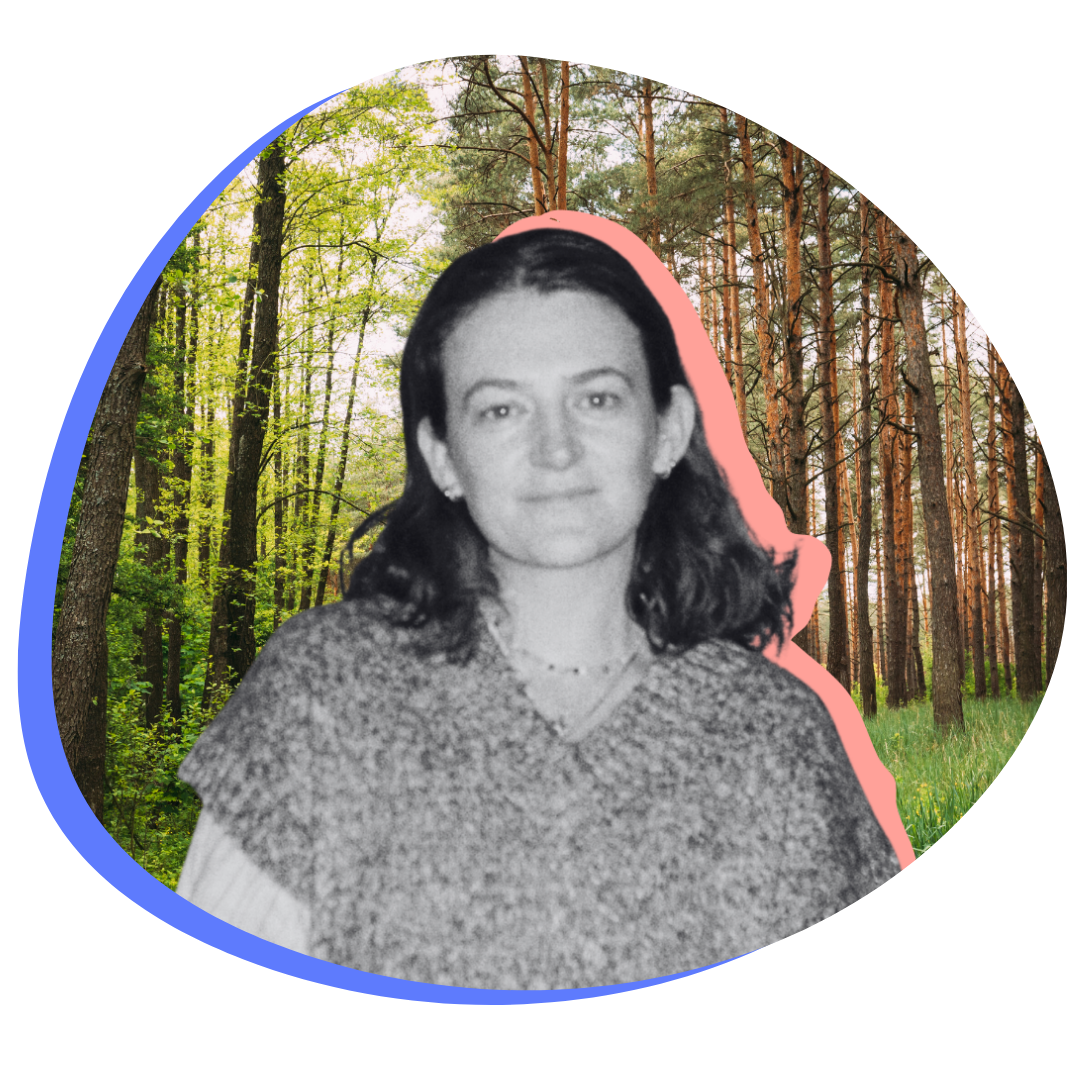 A black and white cut-out photo of a white woman with dark hair overlayed over a photo of a forest.