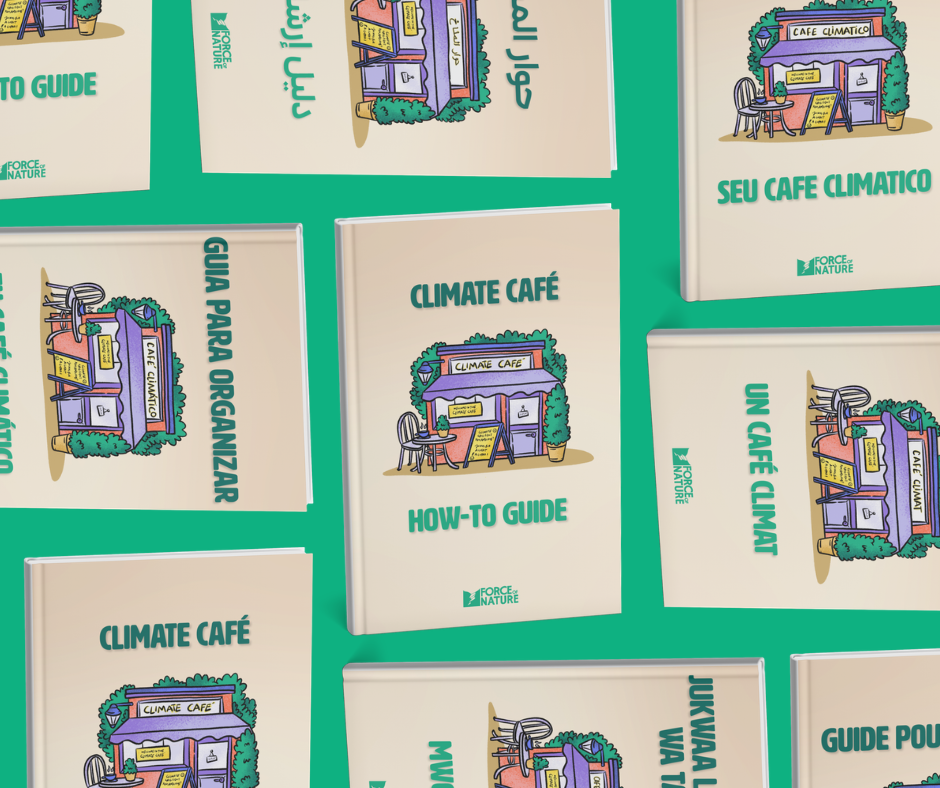 Mock-up of the how to host a climate café guide in 5 languages
