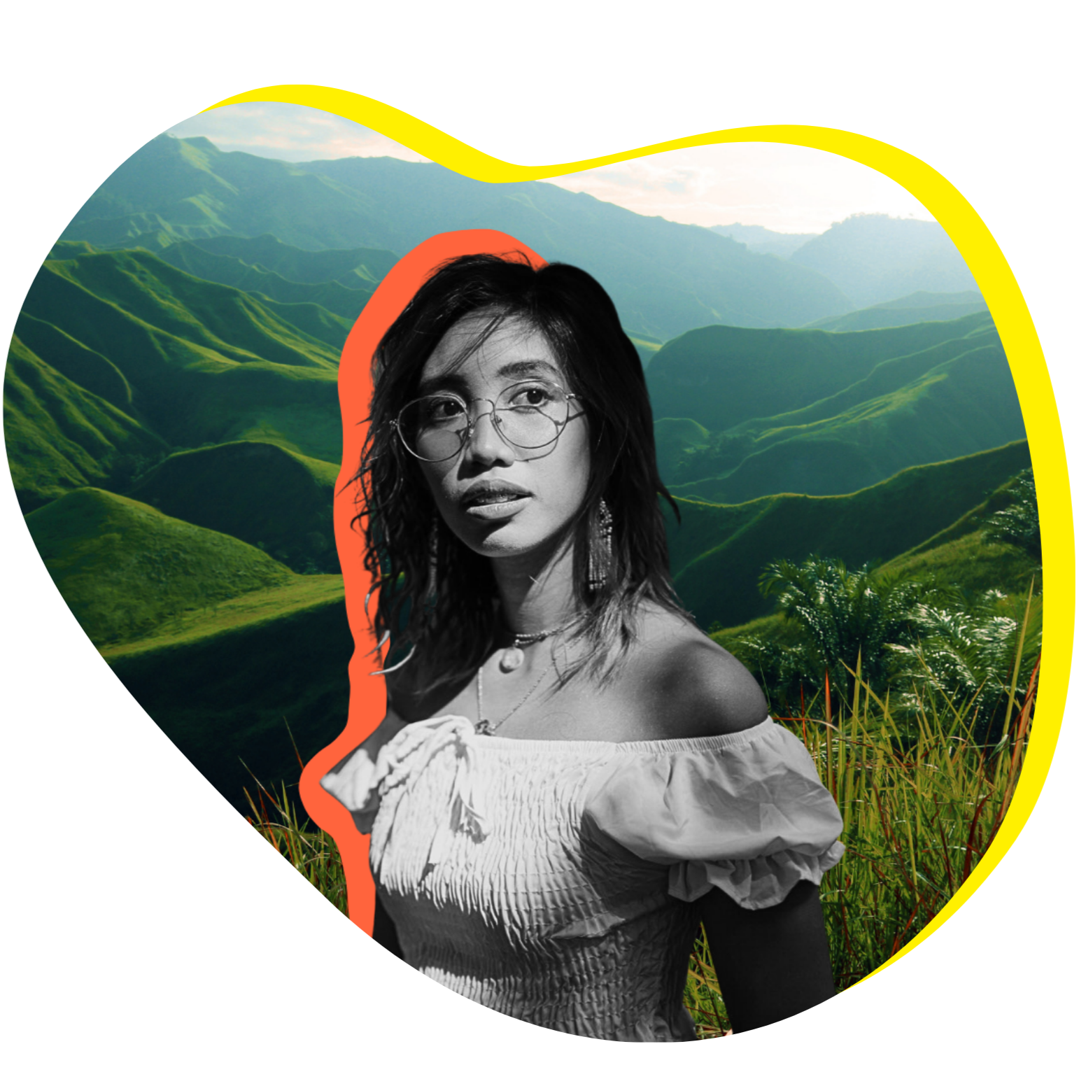 Black and white headshot of Mitzi Jonelle Tan in front of photo of green mountains.