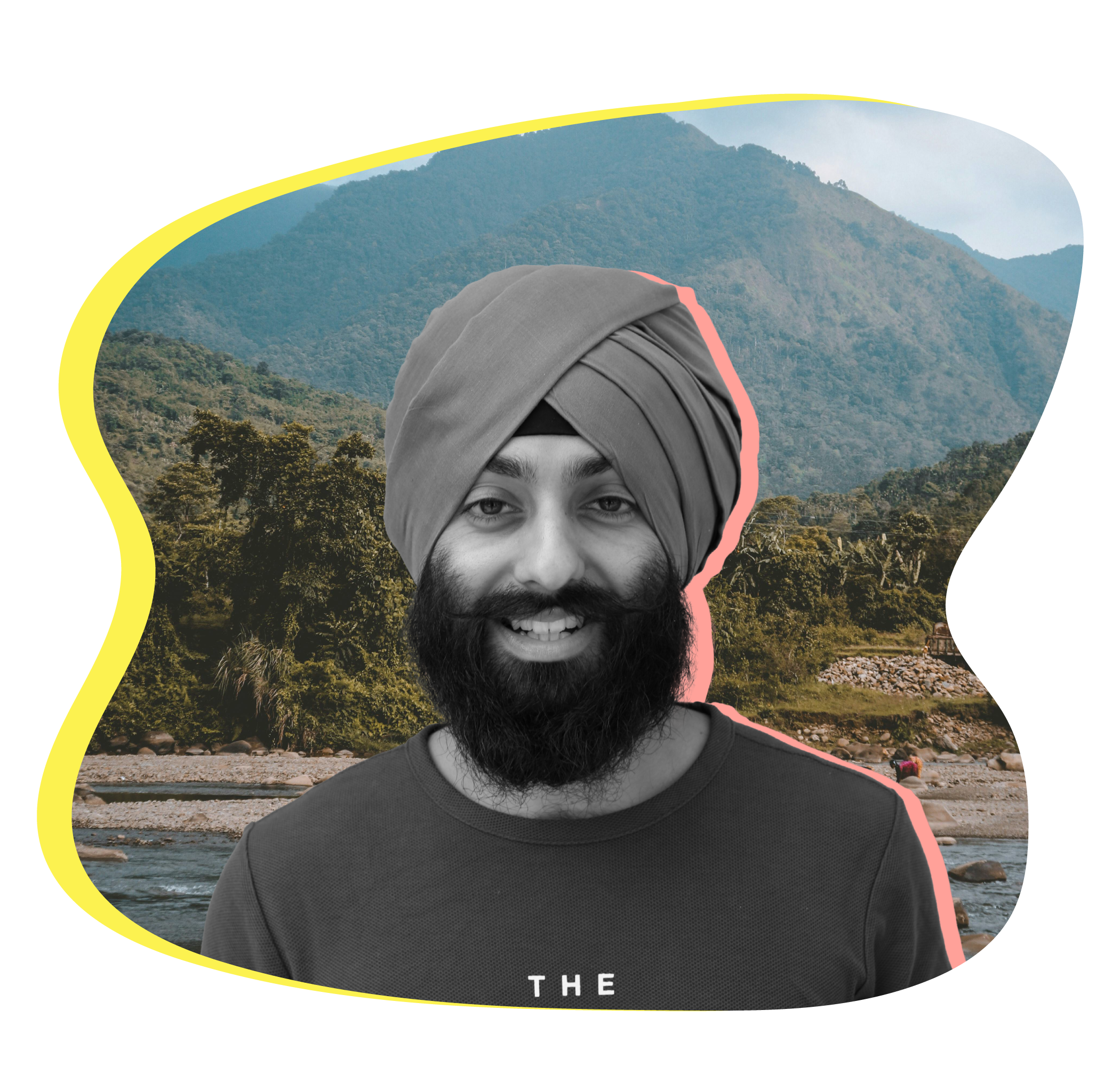 Black and white headshot of Amritan Singh Walia in front of photo of river and trees.