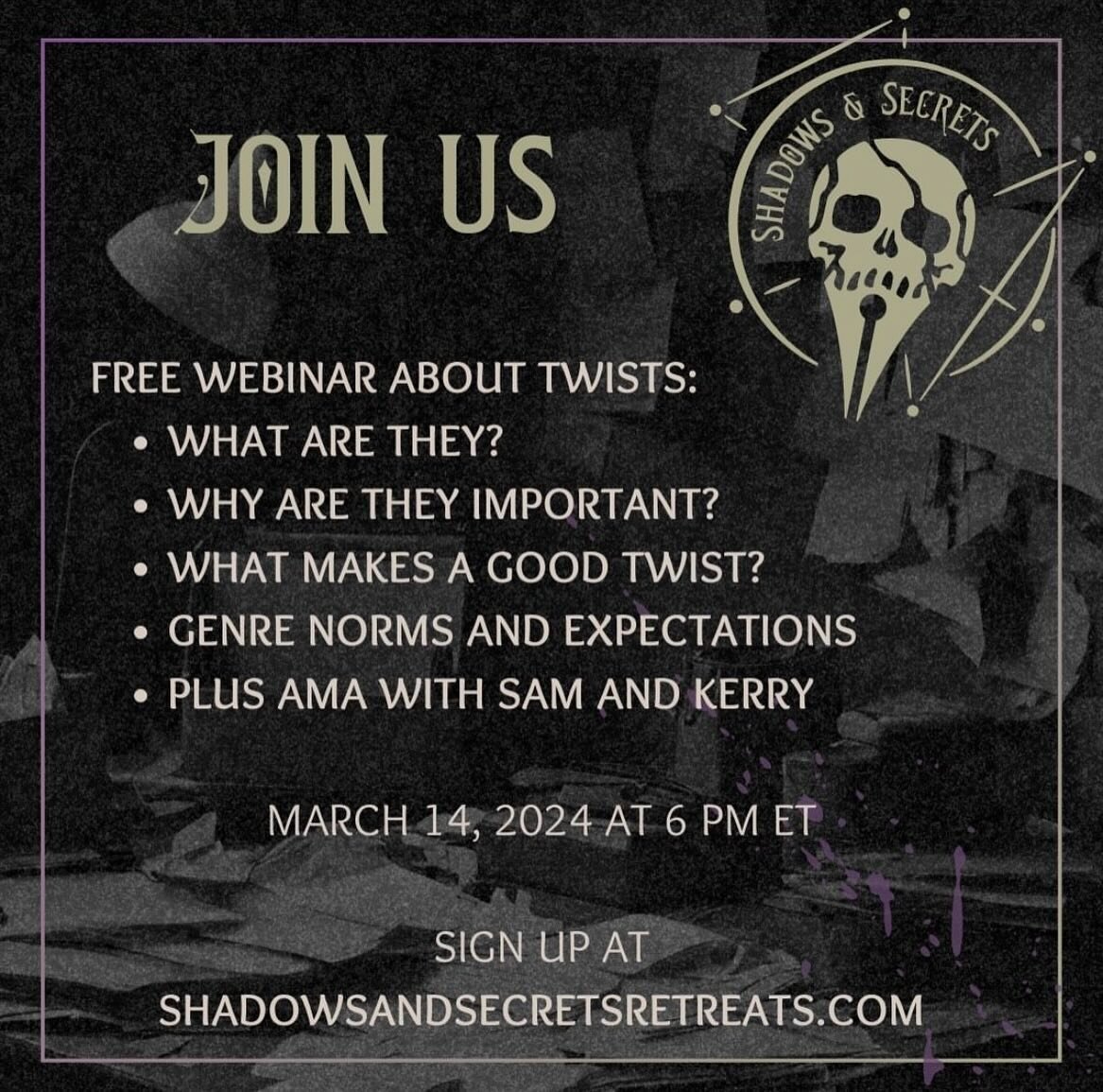 The Shadows coaches (@kerry_savage_bookcoach and I) are chatting tomorrow (Thursday 3/14) at 6pm ET about twists! What they are, why they&rsquo;re important, and why we love them. We&rsquo;ll also be holding free time at the end for an AMA about @sha