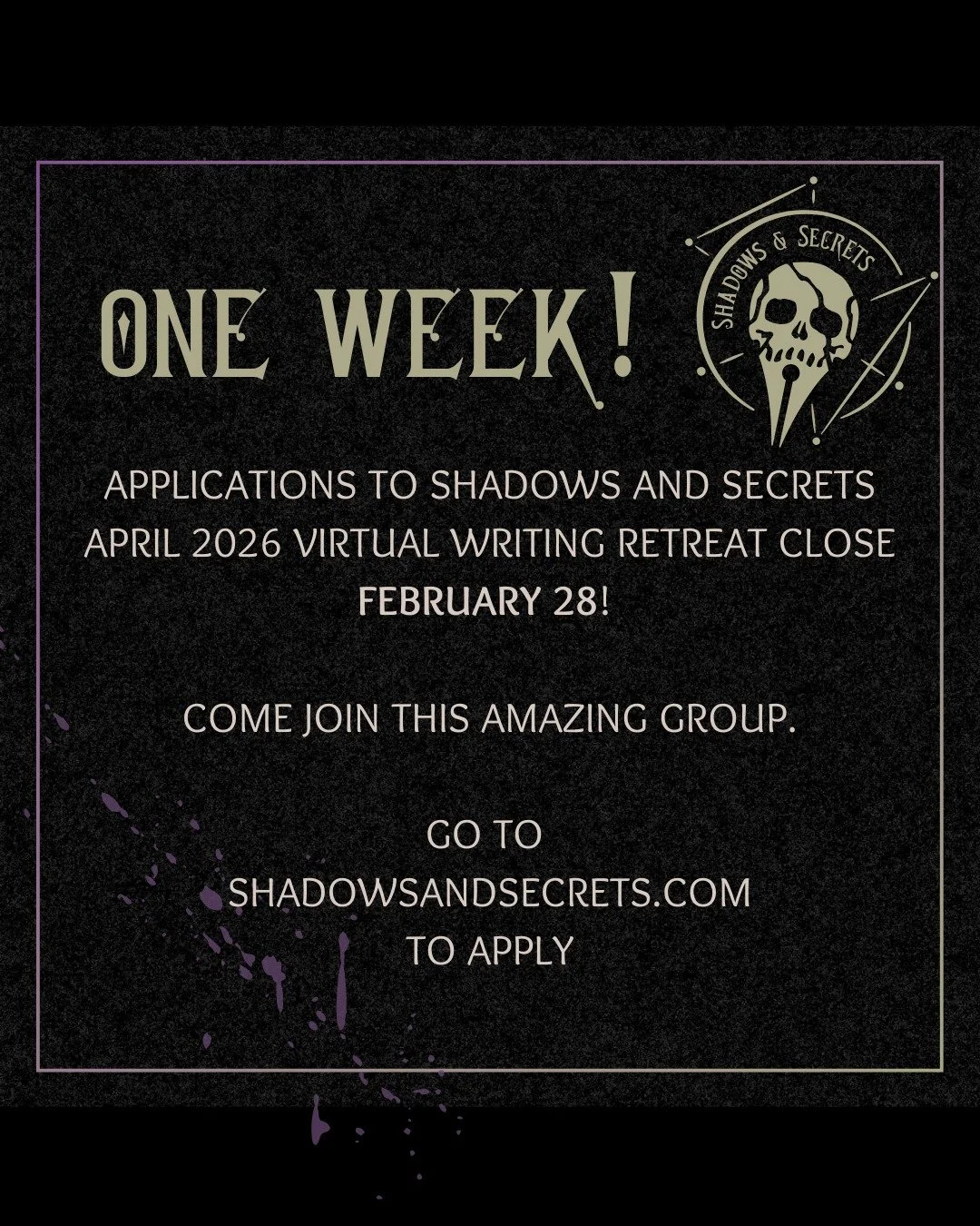 One week! Don't wait, get that application in to join the spookiest and most supportive writing retreat especially for mystery, thriller, suspense, and horror authors! ☠️🖤

#shadowsandsecretsretreats #mysterywriter #thrillerwriter #horrorwriter