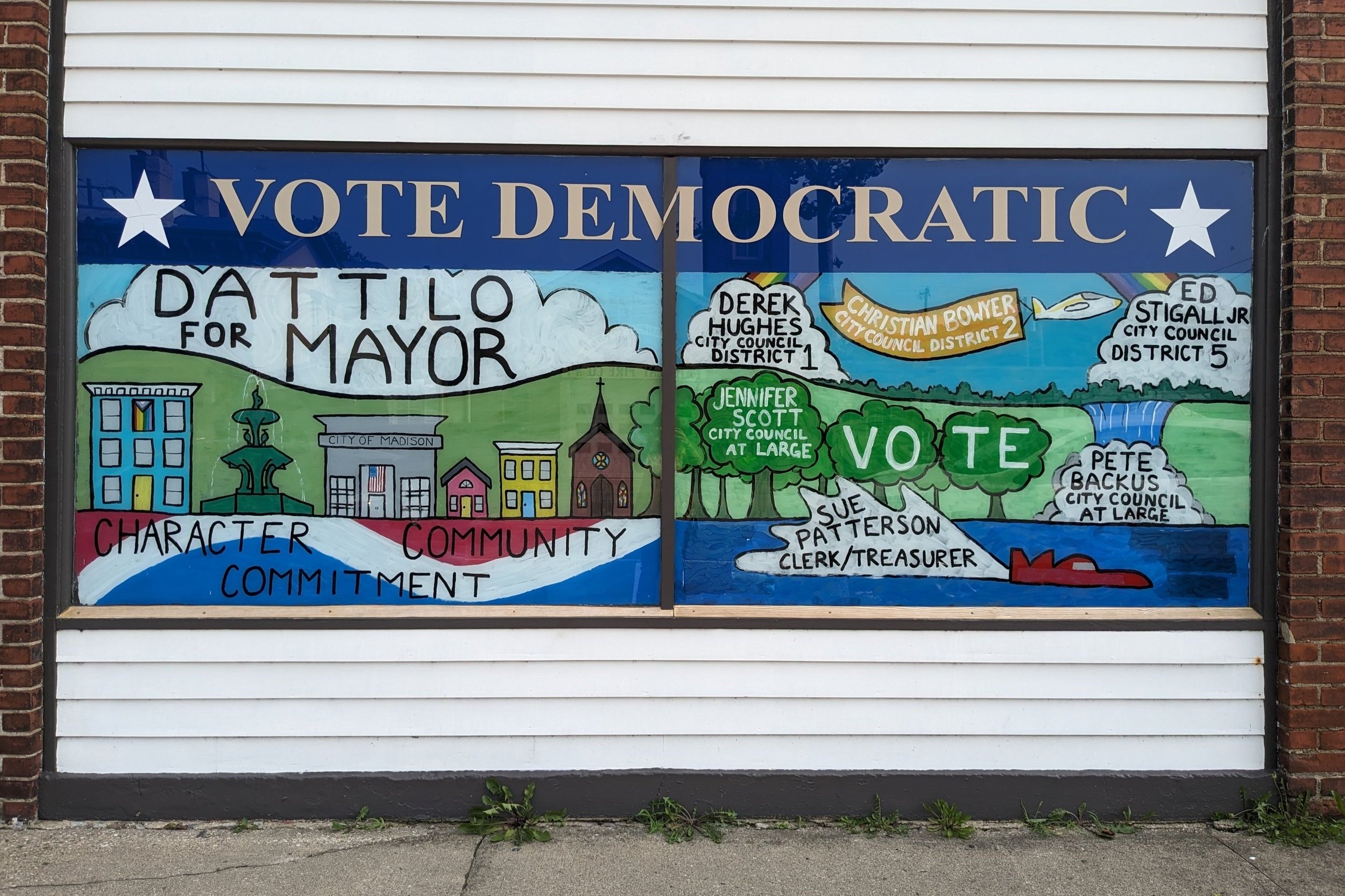 The Democratic Party of Jefferson County, Indiana.
Pictured are windows that I painted for the 2023 Campaign for the City of Madison Election.