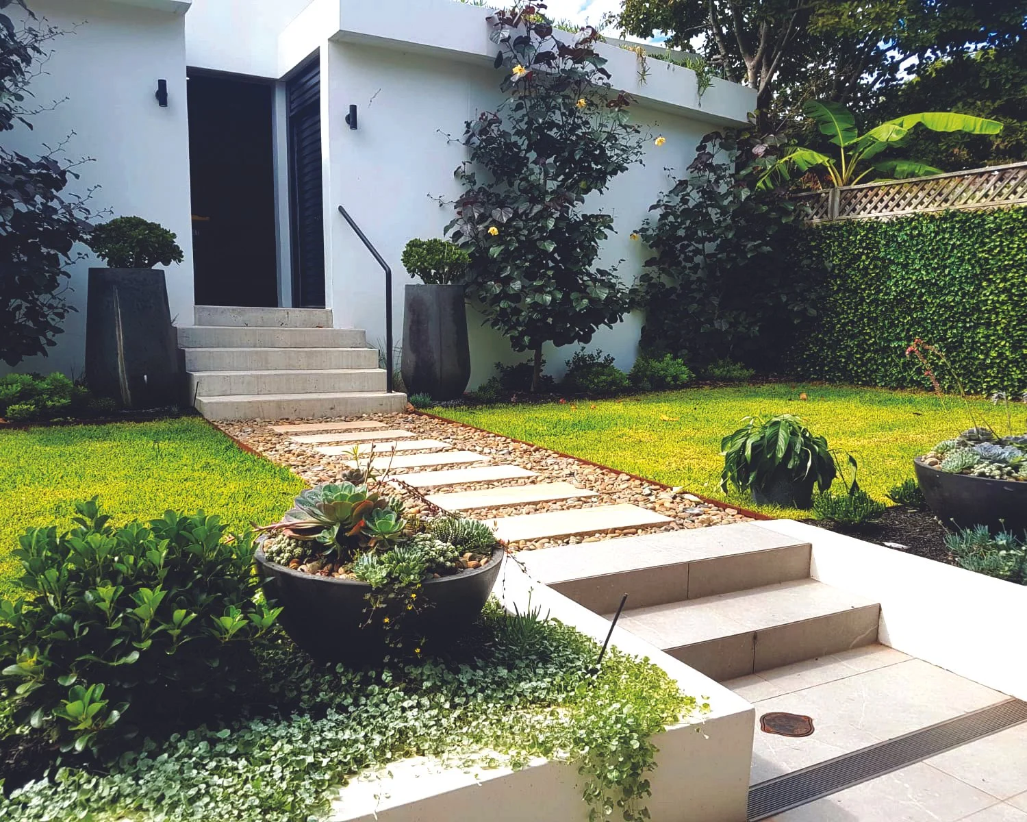 Modern house entrance with concrete stairs, landscaped garden with green grass, potted succulents, and leafy plants.
