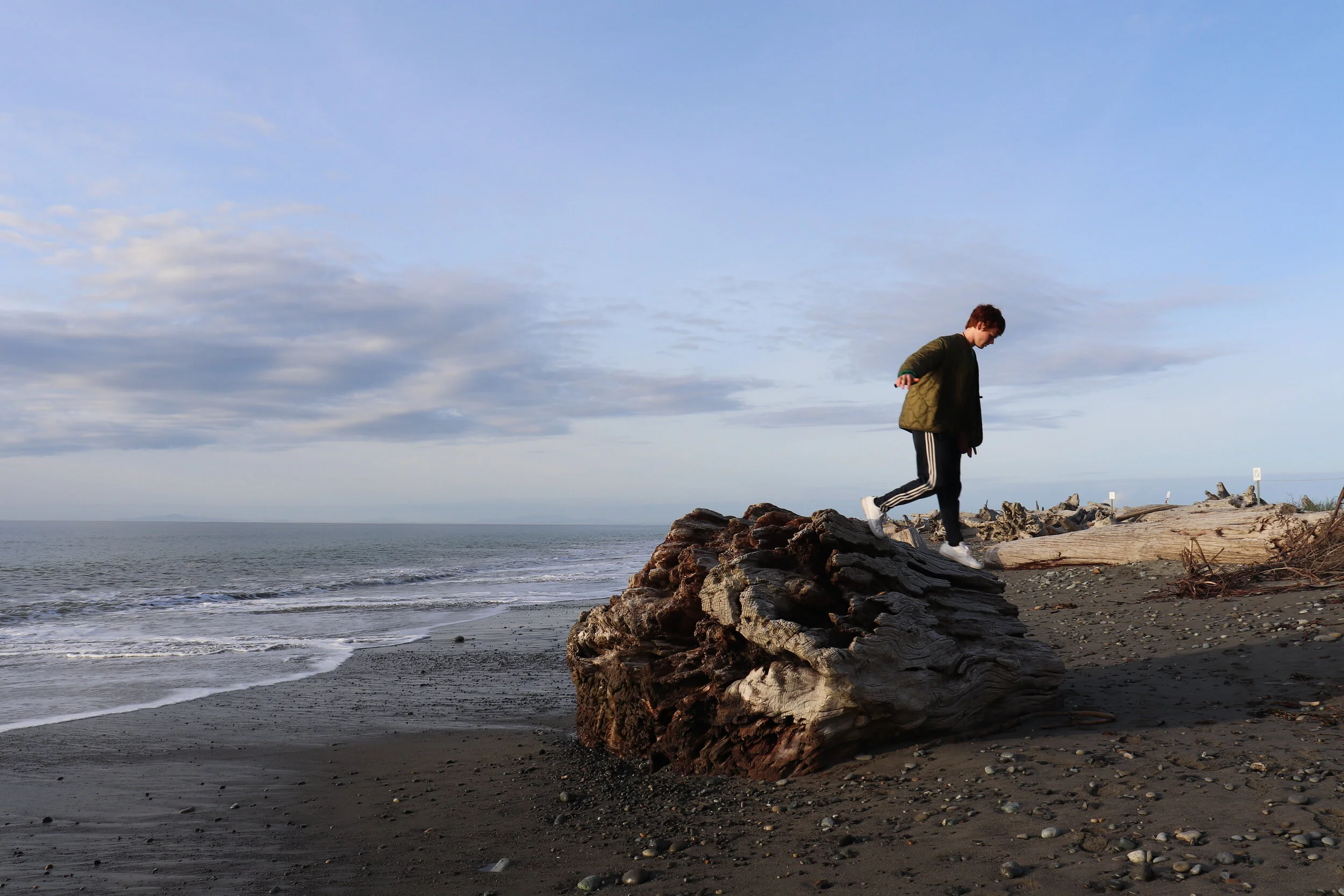 A young man in a green jacket and black sweatpants with white stripes is walking along a large piece of driftwood on a beach with dark sand, with the ocean and a cloudy sky in the background.