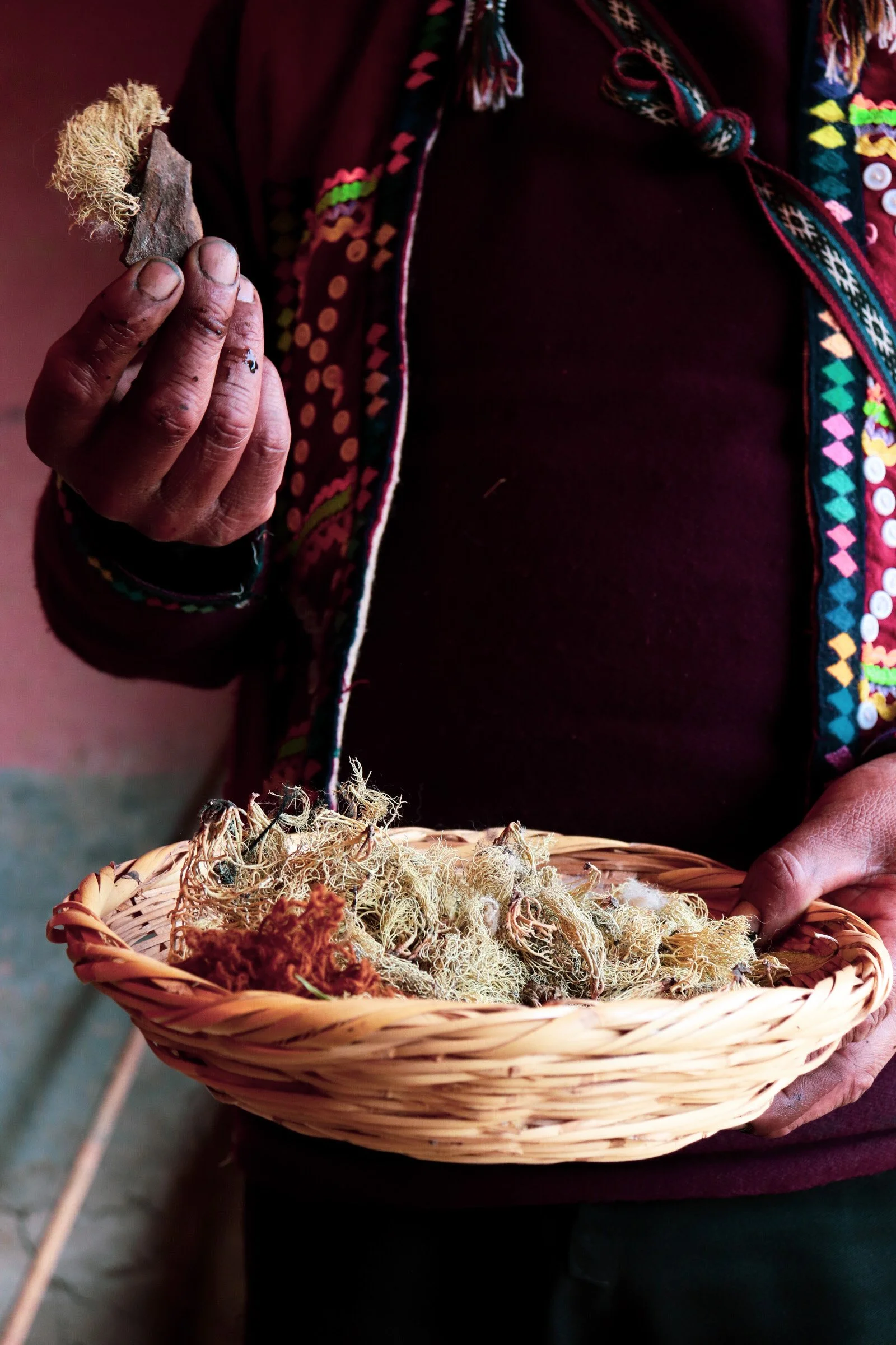 A person holding a small brush and a basket filled with dried herbs or plants, wearing a colorful embroidered jacket.