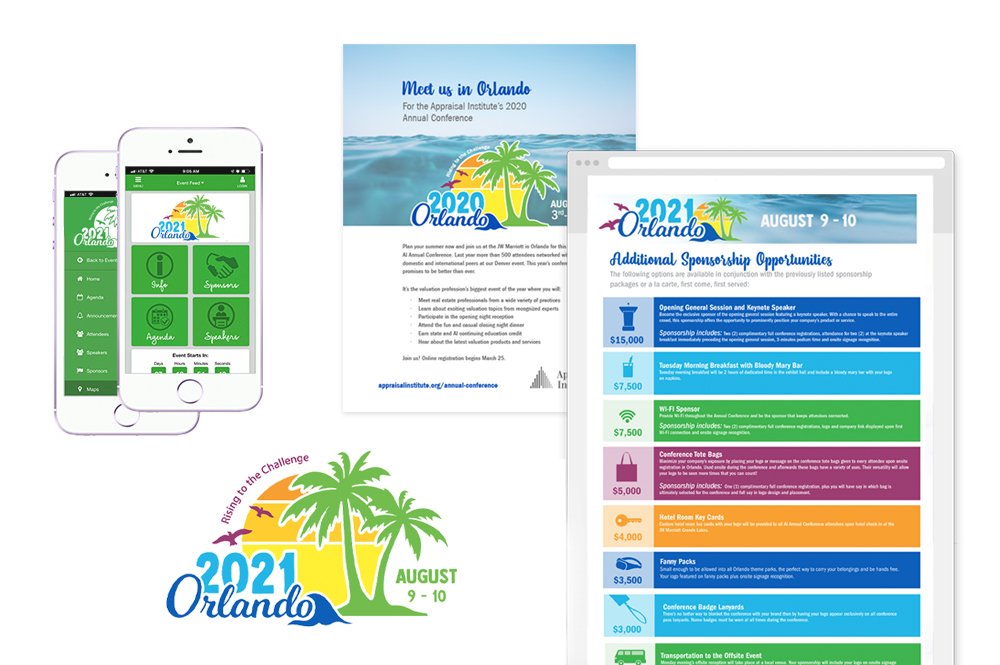 conference logo, mobile design, print ad, and landing page