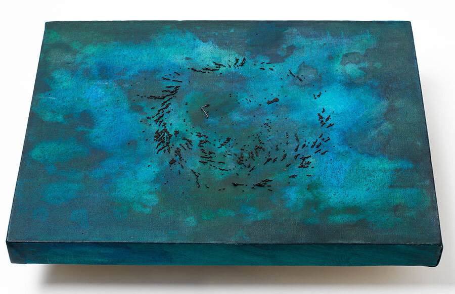 Max Eastley, Landscape, 2012. Canvas, acrylic, steel fragments, motor, magnets.