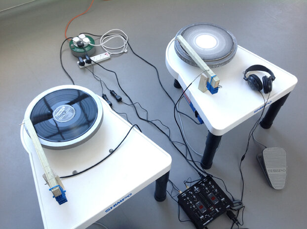 Keith Harrison, Lucy Rie vs Grindcore, 2012. Clay, manganese slip, sound equipment, potter's wheels.