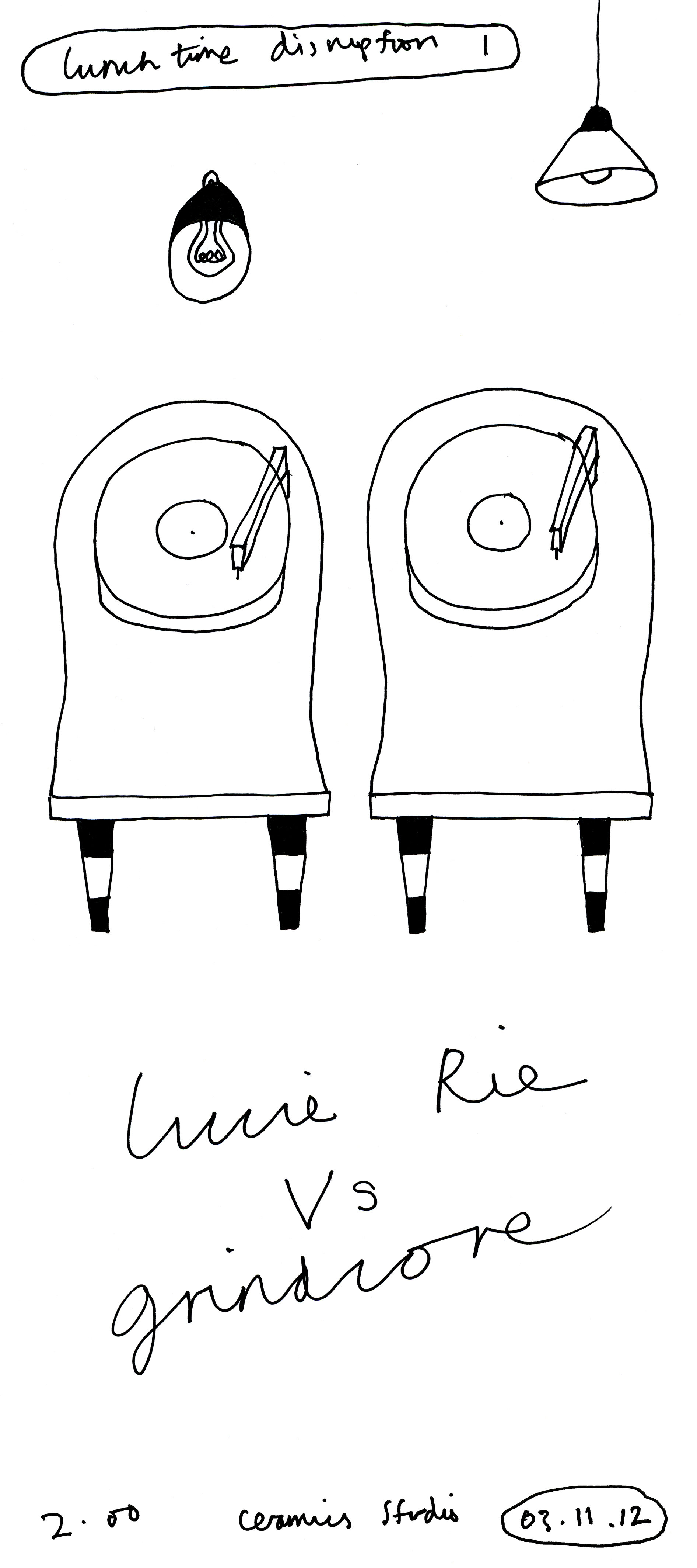Keith Harrison, Lucy Rie vs Grindcore, 2012. Clay, manganese slip, sound equipment, potter's wheels.