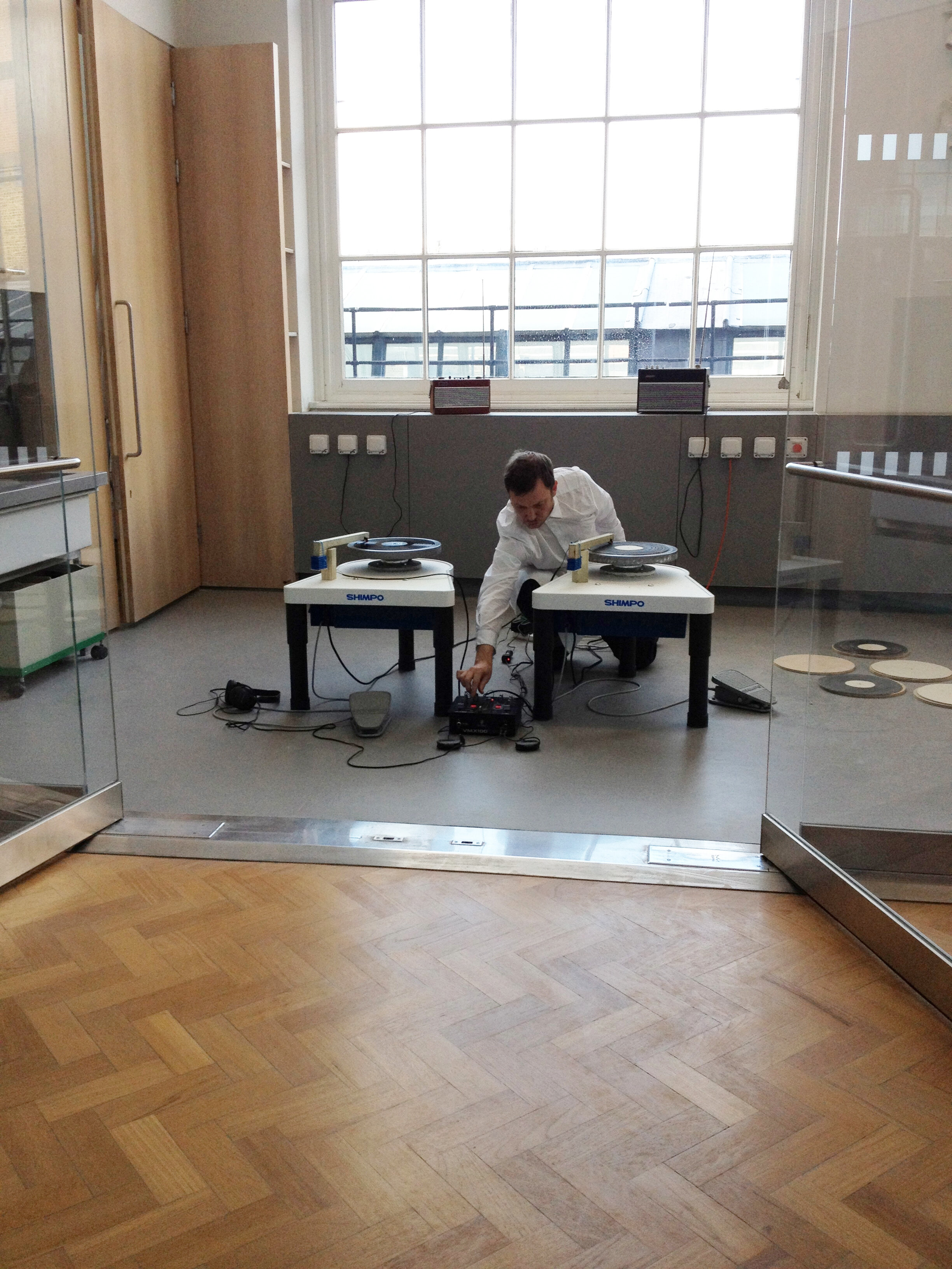 Keith Harrison, Lucy Rie vs Grindcore, 2012. Clay, manganese slip, sound equipment, potter's wheels.