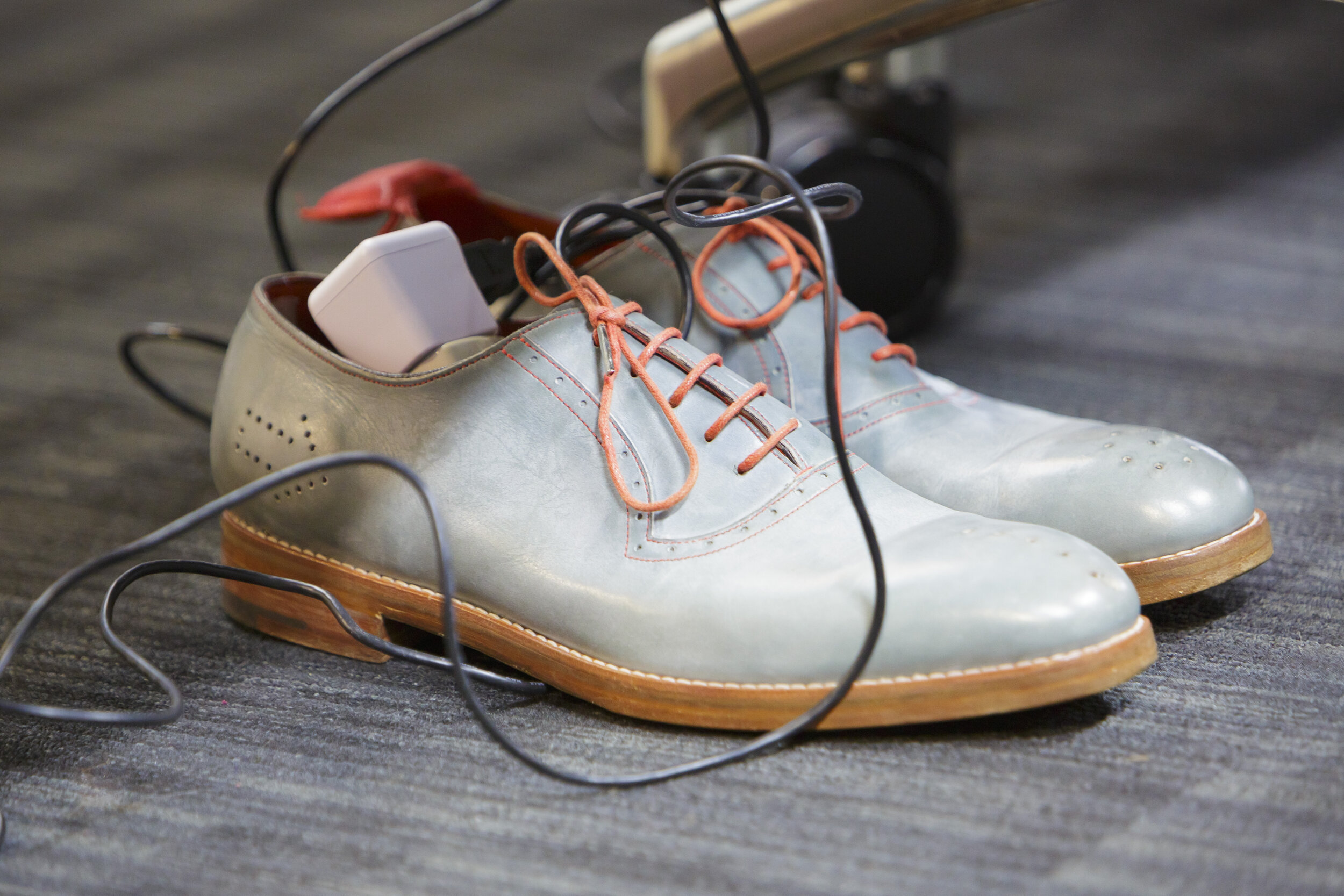 Dominic Wilcox, No Place Like Home GPS Shoes, 2012. Shoes by Stamp Shoes, GPS technology, antenna, electronics.