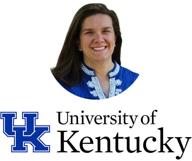 A white woman with medium length brown hair wearing a blue and white collared shirt smiles in front of a blue background above the University of Kentucky name and logo.