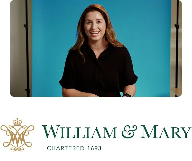 A white woman with dirty blonde hair smiles at the camera in front of a blue background above the William & Mary name and logo.