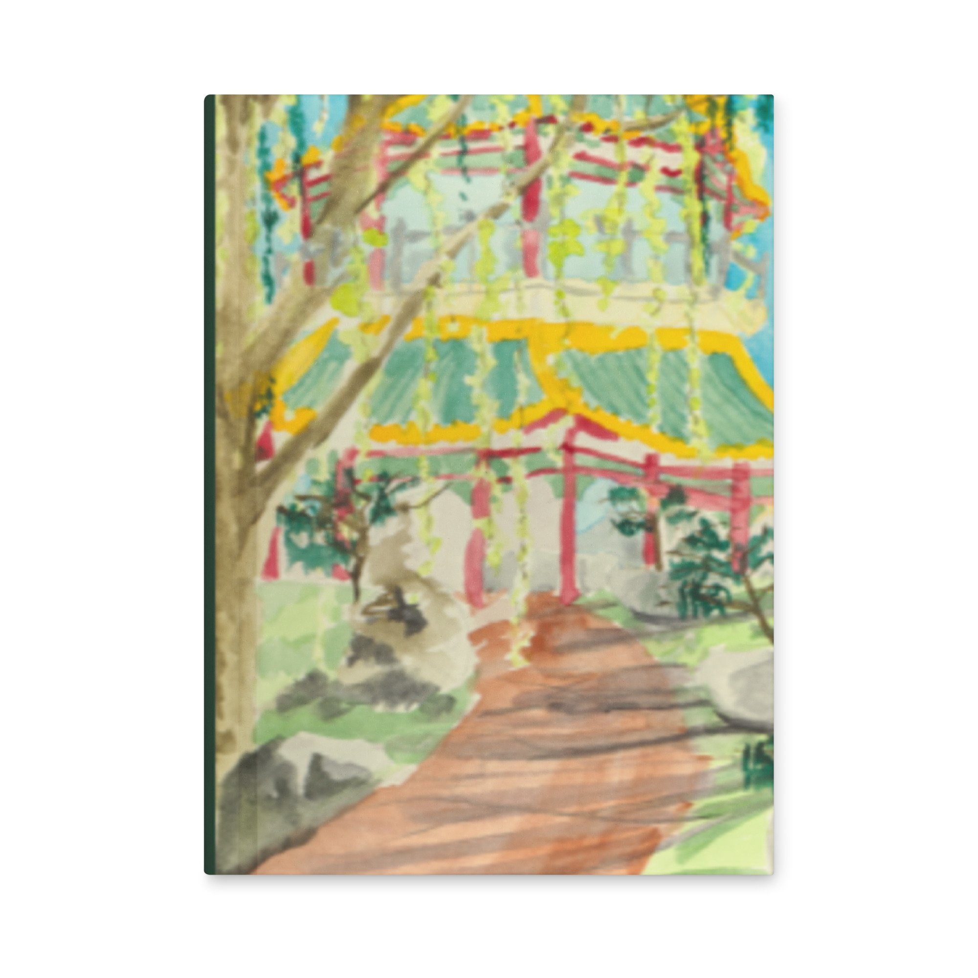 Front view of a hardcover journal with a matte cover featuring the Norfolk Pagoda painting, Path to the Pagoda. The notebook is 8 inches by 5.75 inches.