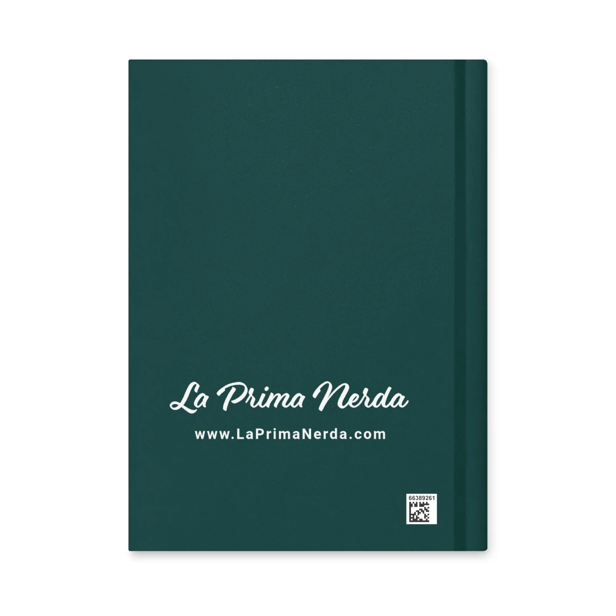 Back cover of a hardcover journal. The cover is a deep matte green with "La Prima Nerda" and her website listed: www.LaPrimaNerda.com