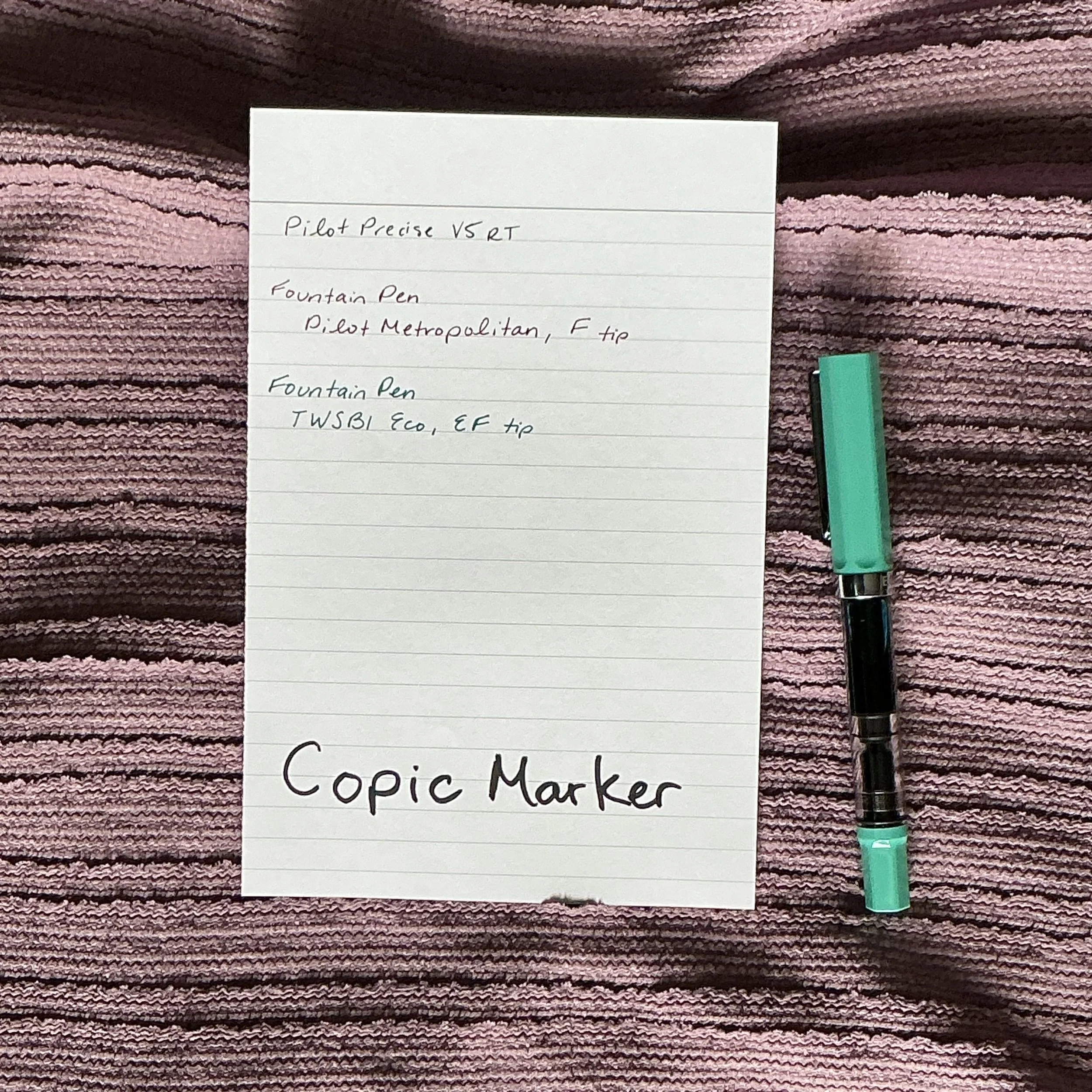 Pen test of the paper. Most pens, including fountain pens write well with no feathering or bleed through.