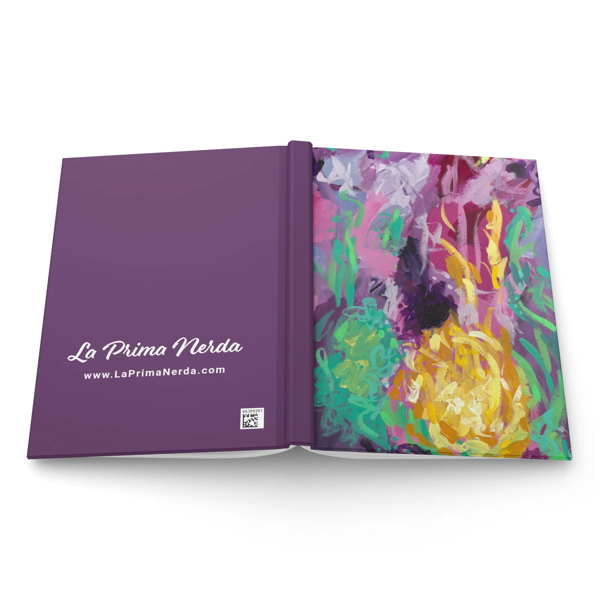 Hardcover journal laid open with the cover facing up to show off the entire spread.