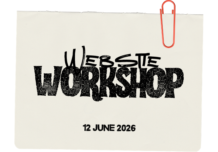 A white piece of paper with the words 'Website Workshop' and the date '12 June 2026' written on it, clipped to a black surface with a red paperclip.