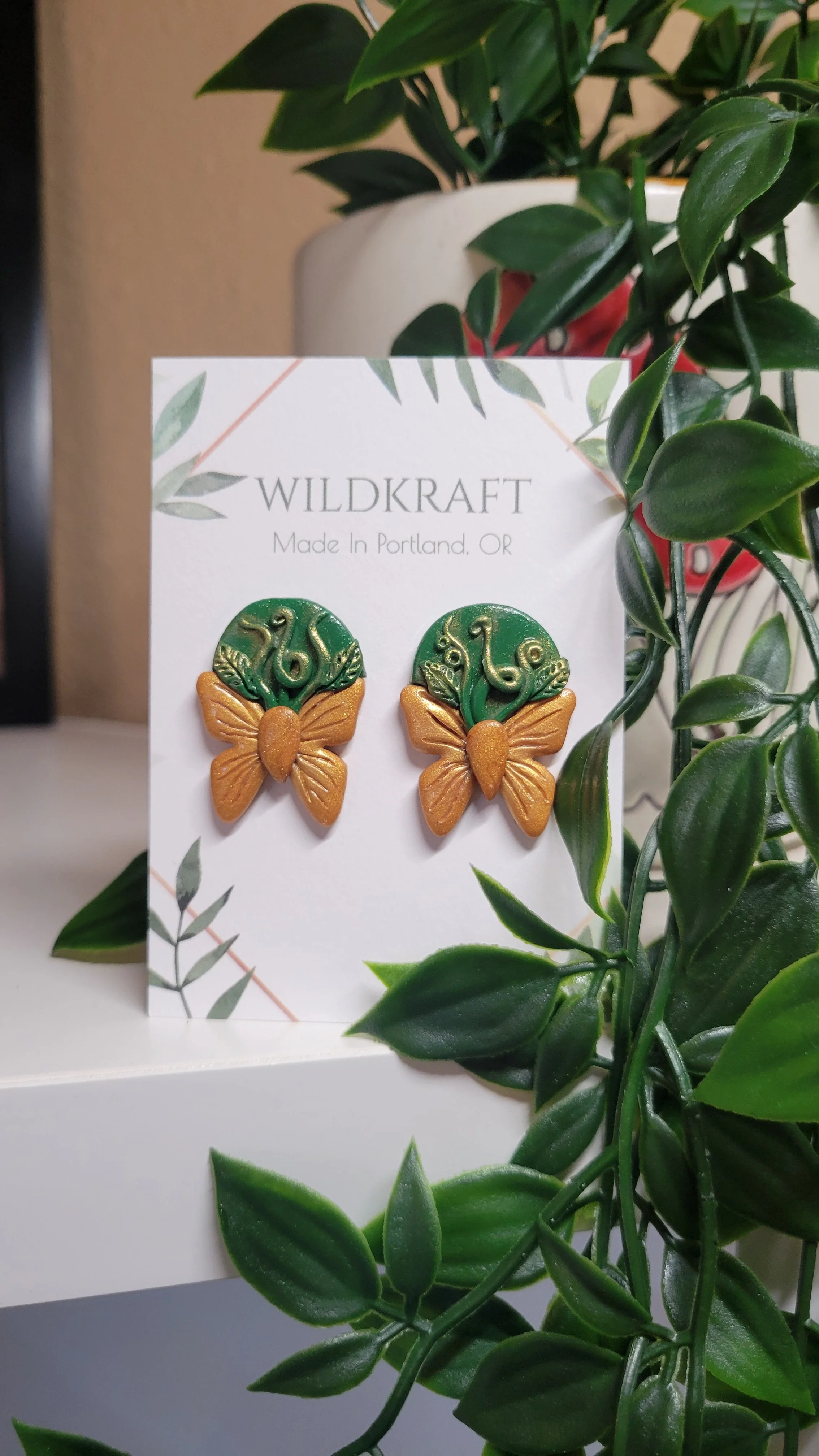 Gold Garden Moth Polymer Earrings