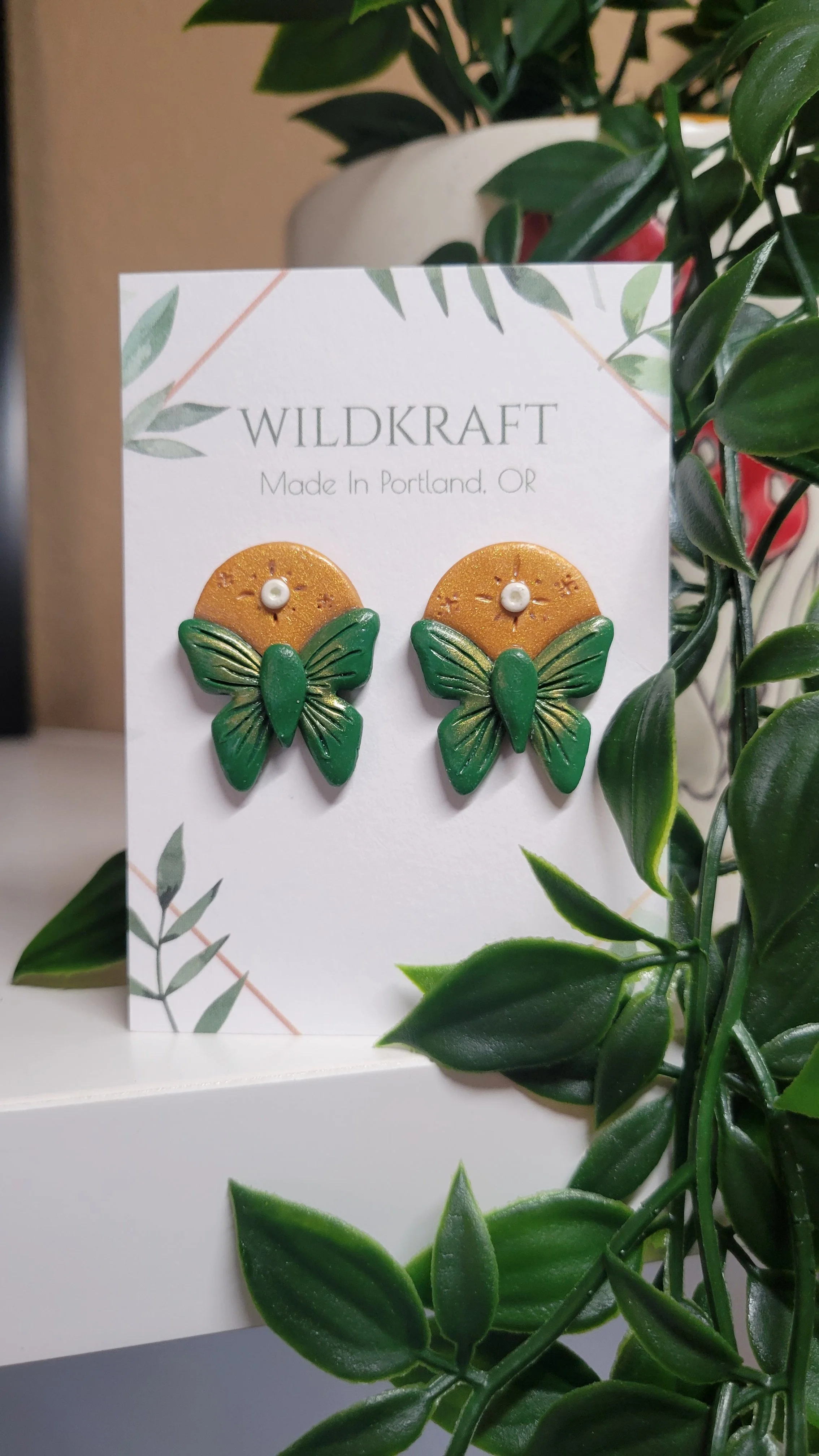 Green Garden Moth Polymer Clay Earrings