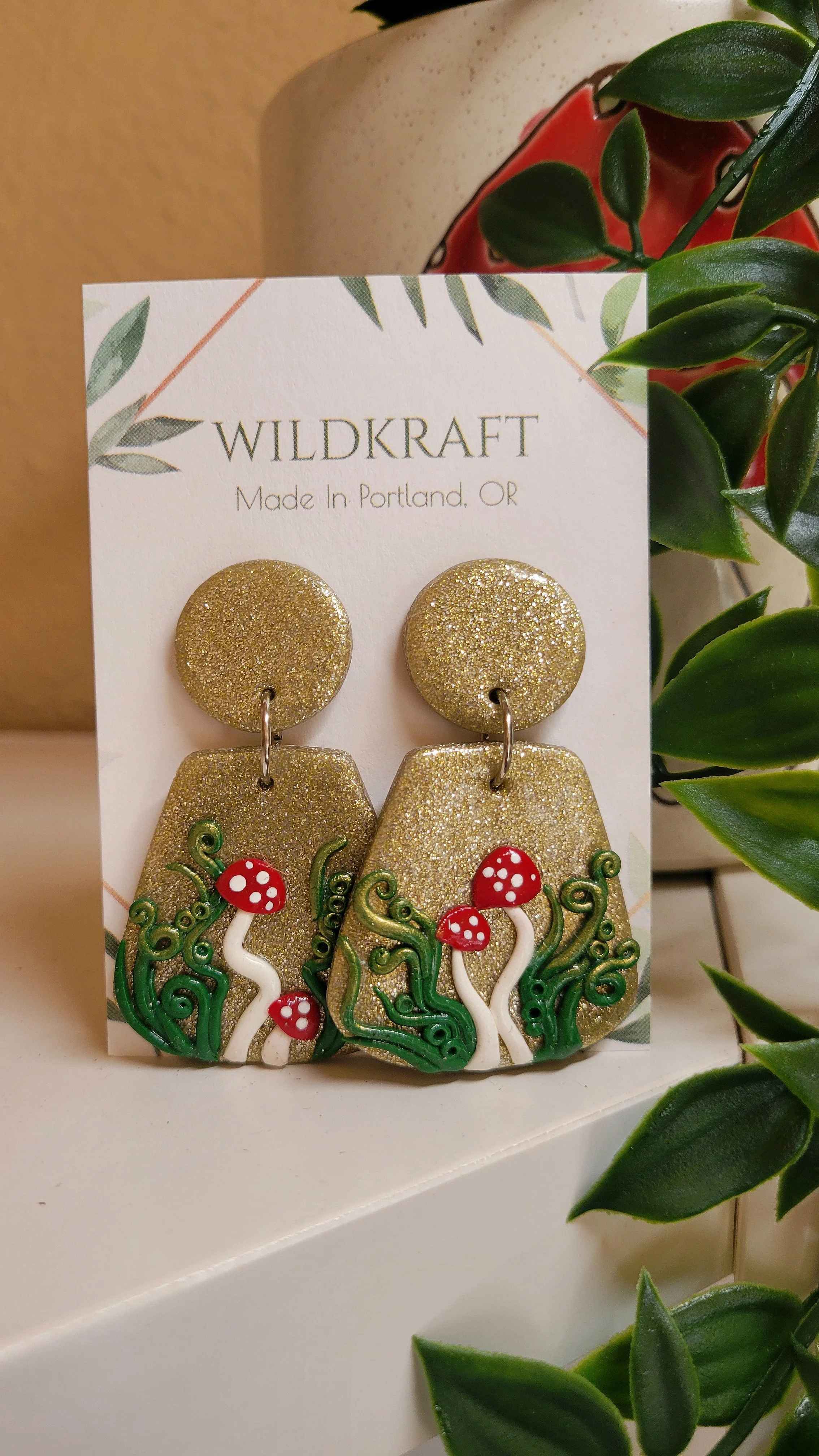 Gold Glitter Mushroom Polymer Clay Earrings