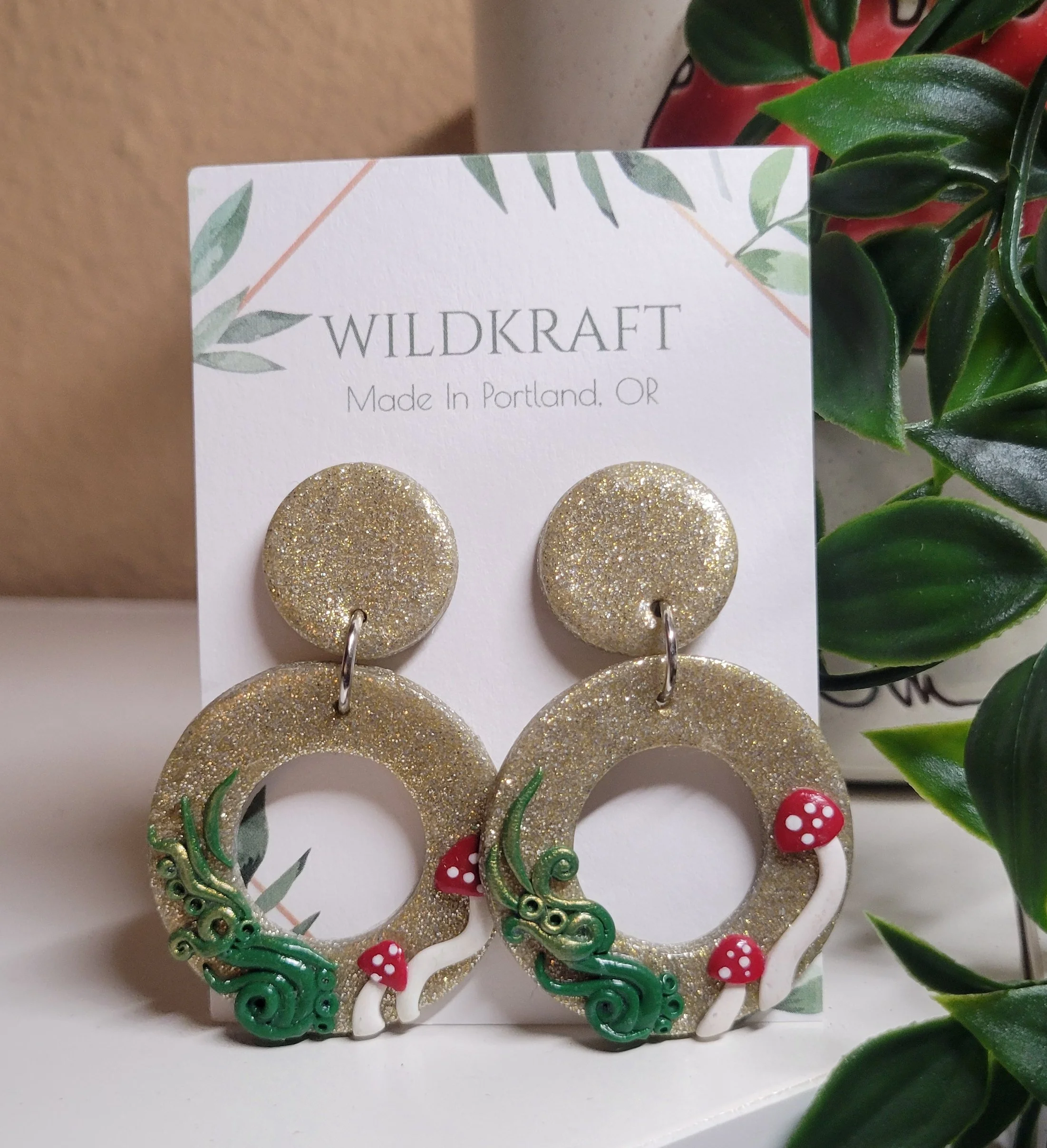 Mushroom Gold Glitter Hoop Earrings