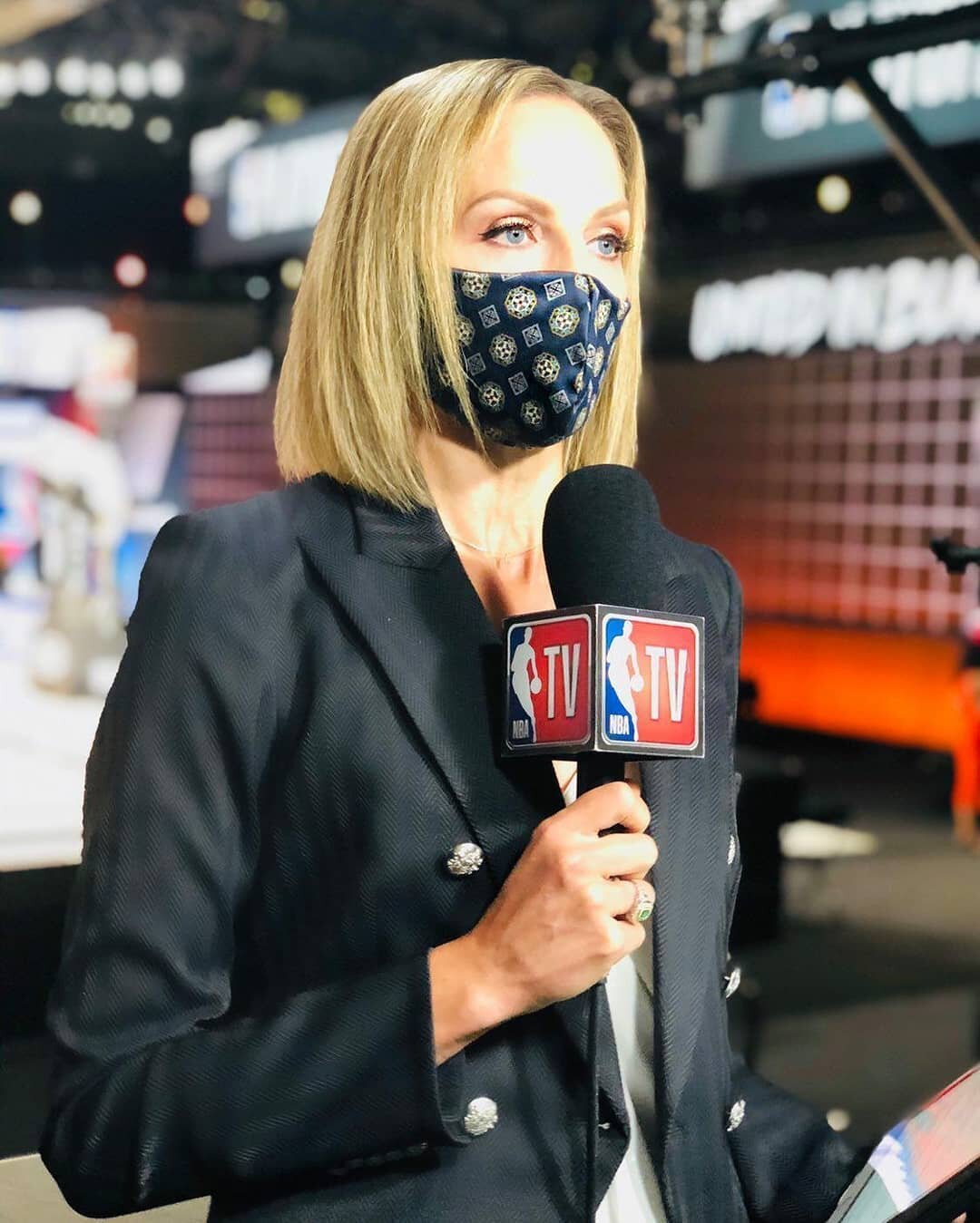 Our Navy Medallion #facemask is worn by @rebeccahaarlow as she talked about @celtics x @miamiheat #easternconference in the @nba #bubble for @nbatv #wholenewgame #nbaplayoffs #nba #nbplayoffs2020